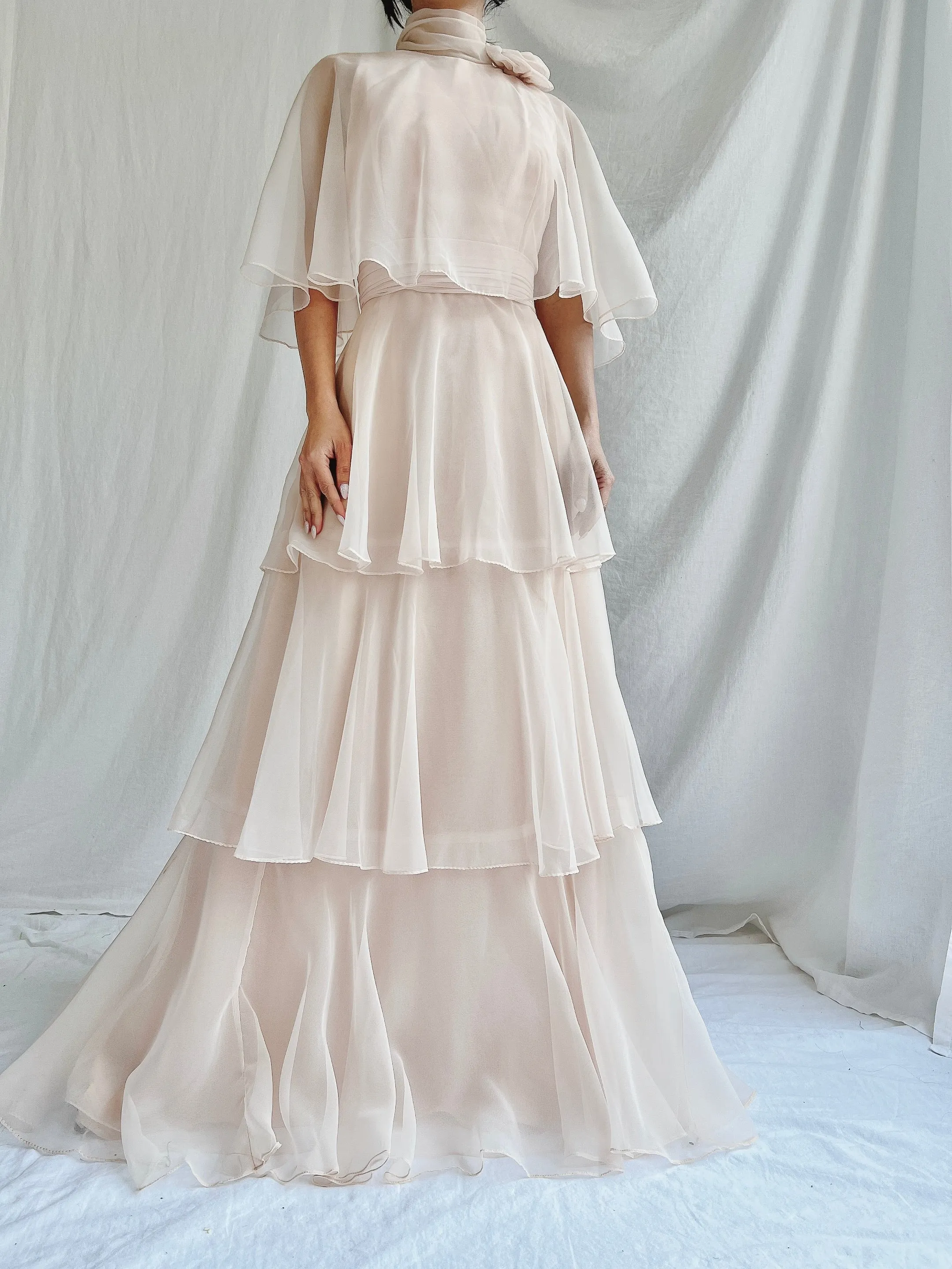 Vintage Almond Tiered Chiffon Dress - S/4