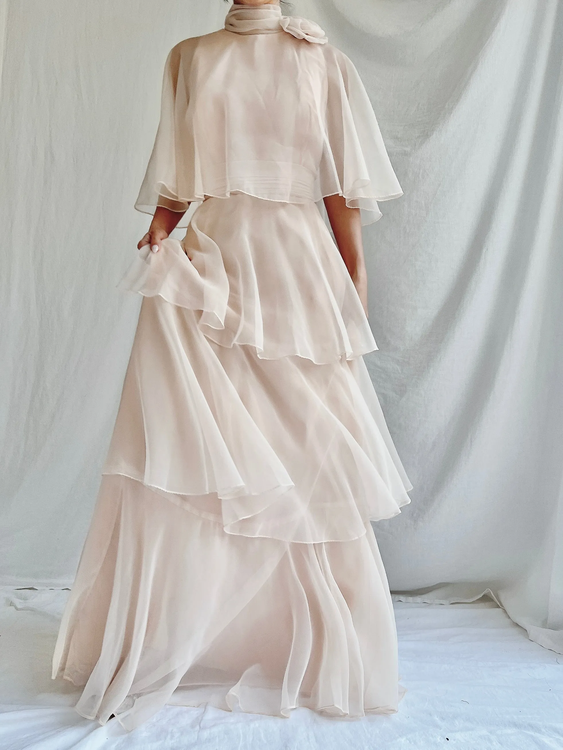 Vintage Almond Tiered Chiffon Dress - S/4