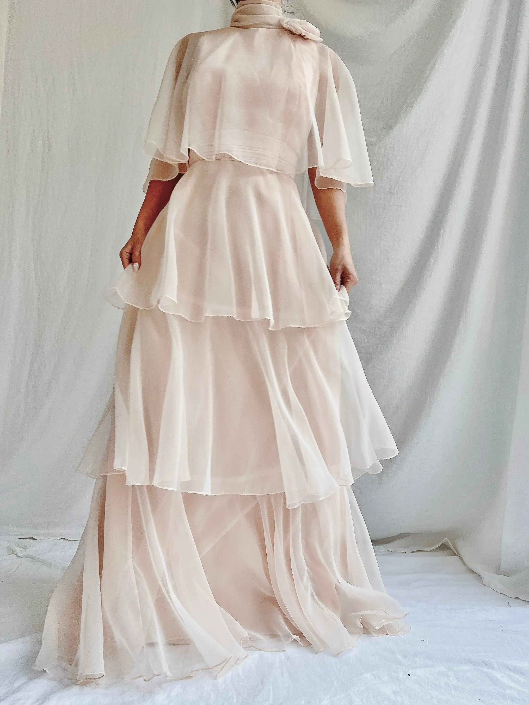 Vintage Almond Tiered Chiffon Dress - S/4