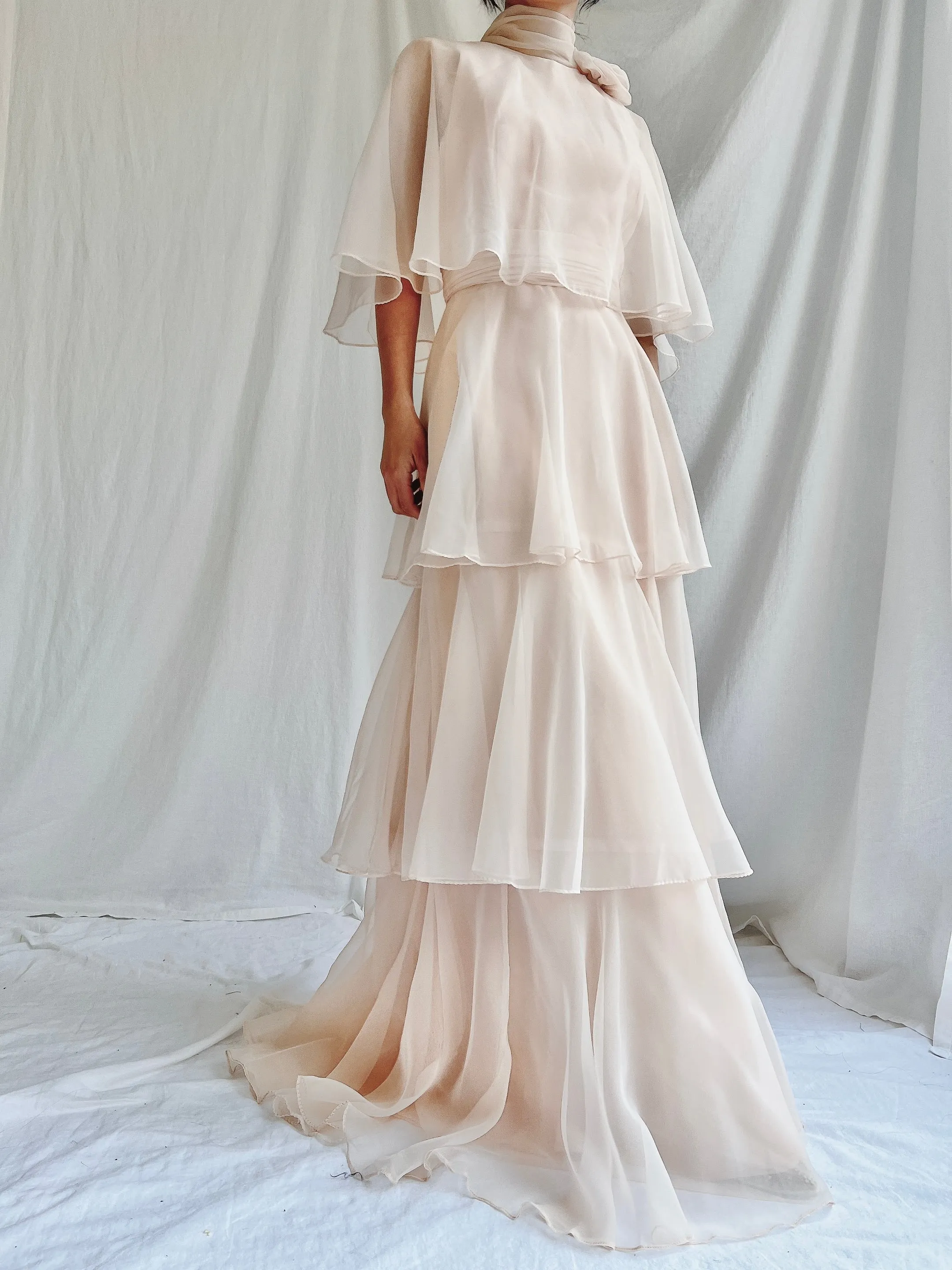 Vintage Almond Tiered Chiffon Dress - S/4