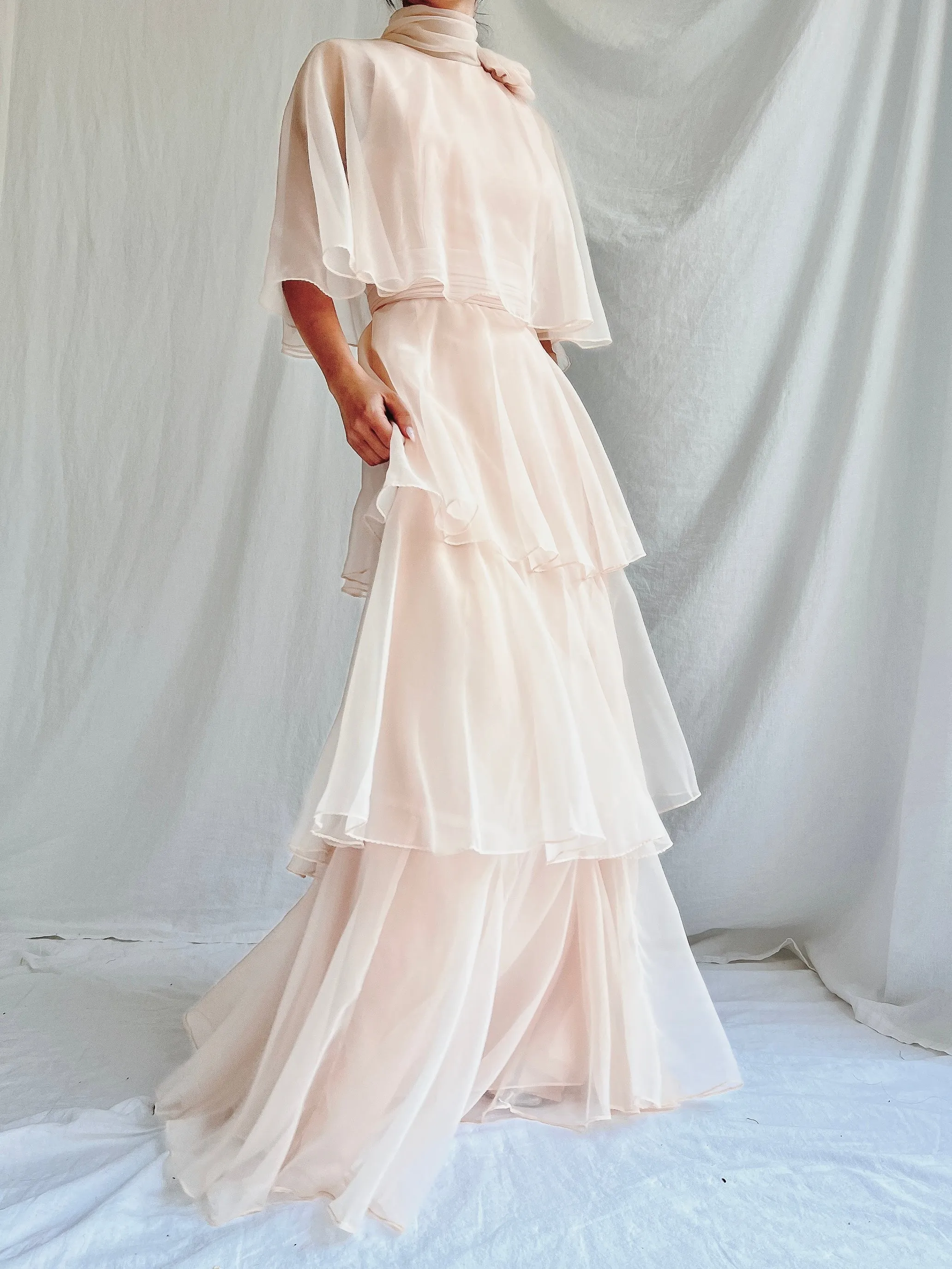 Vintage Almond Tiered Chiffon Dress - S/4