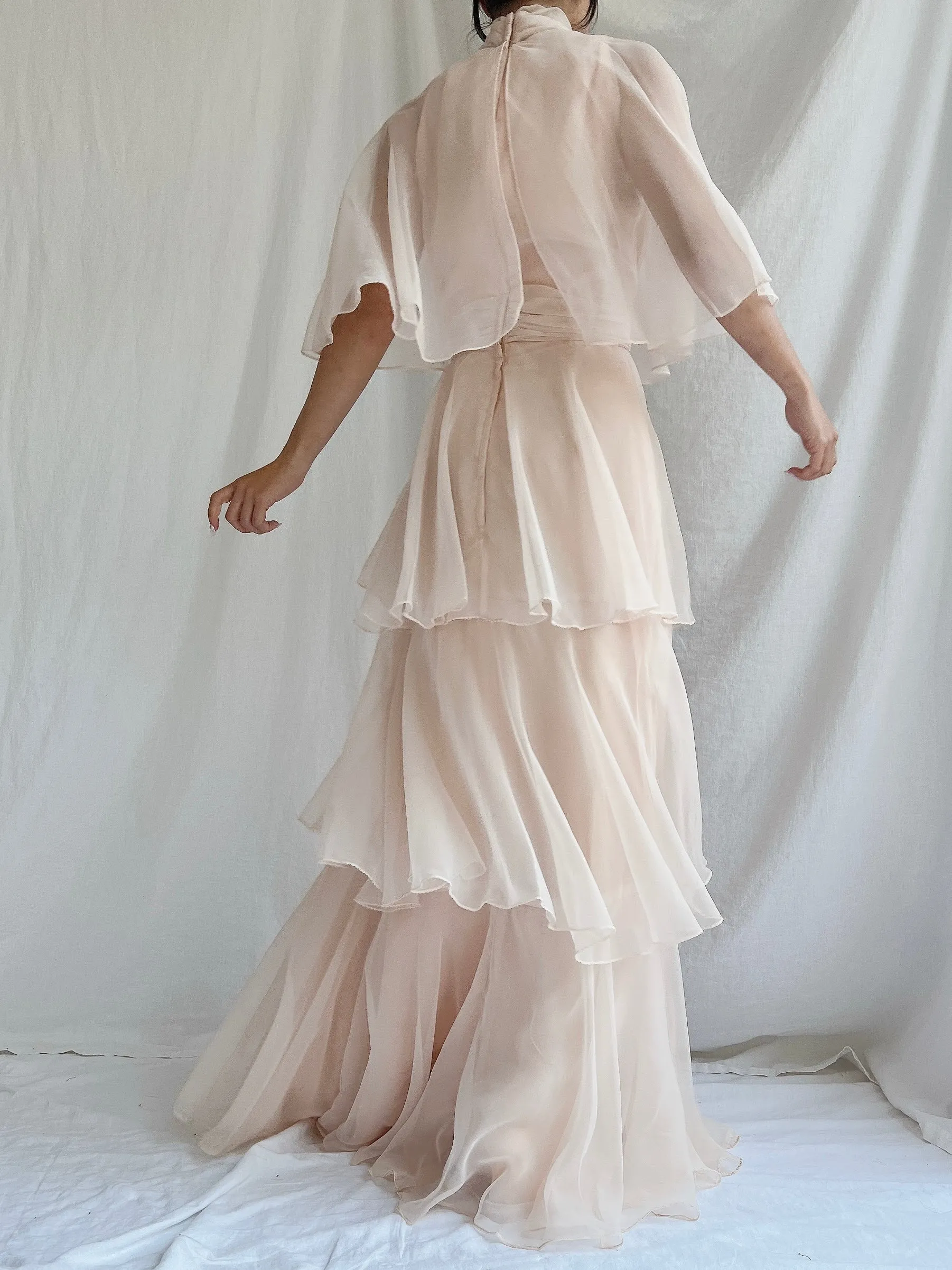 Vintage Almond Tiered Chiffon Dress - S/4
