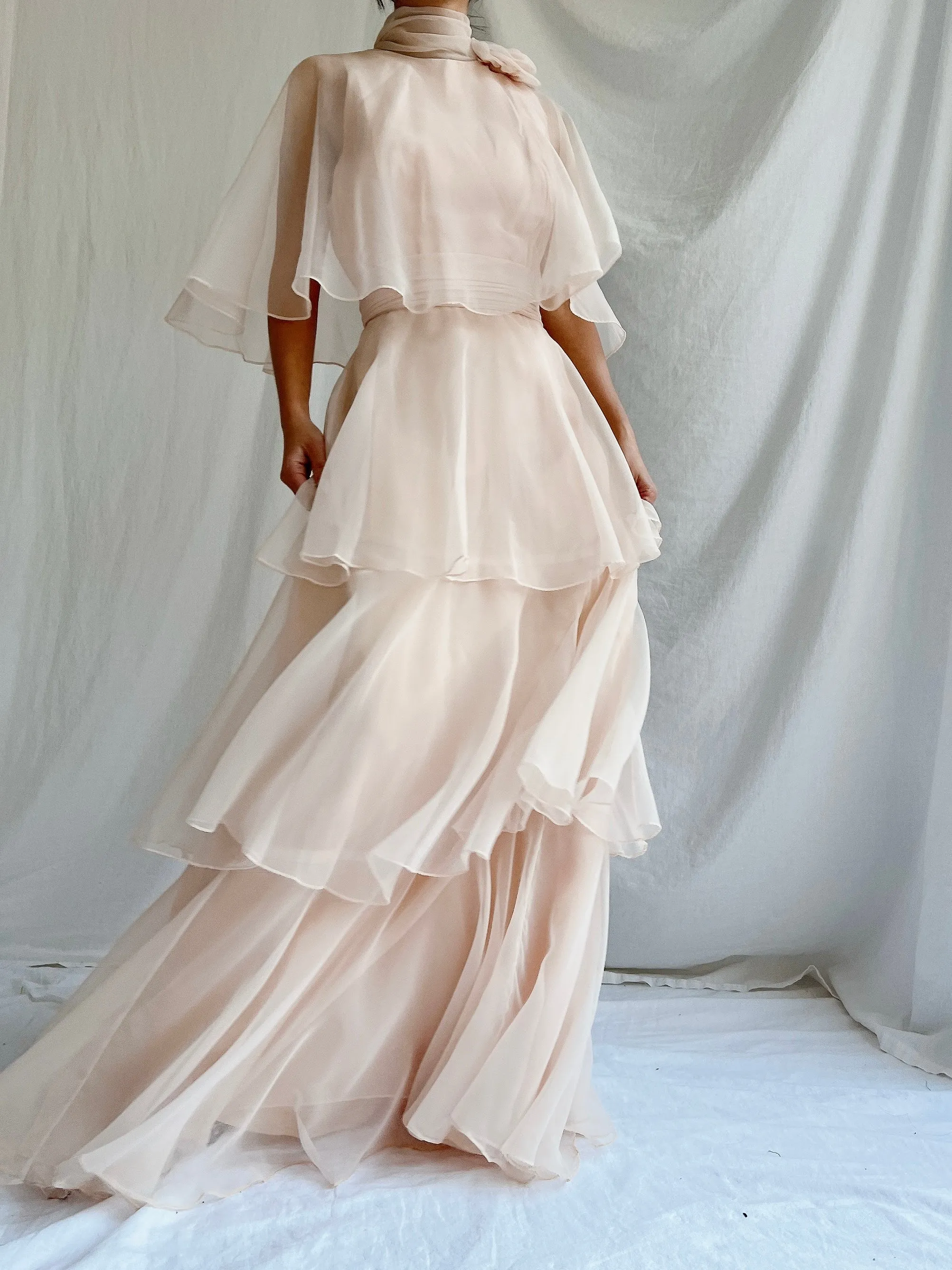 Vintage Almond Tiered Chiffon Dress - S/4
