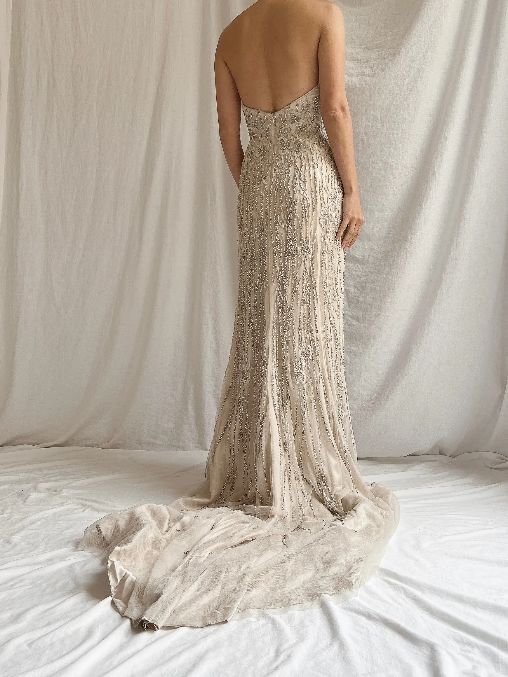 Vintage Beige Beaded Silk Gown - S/6