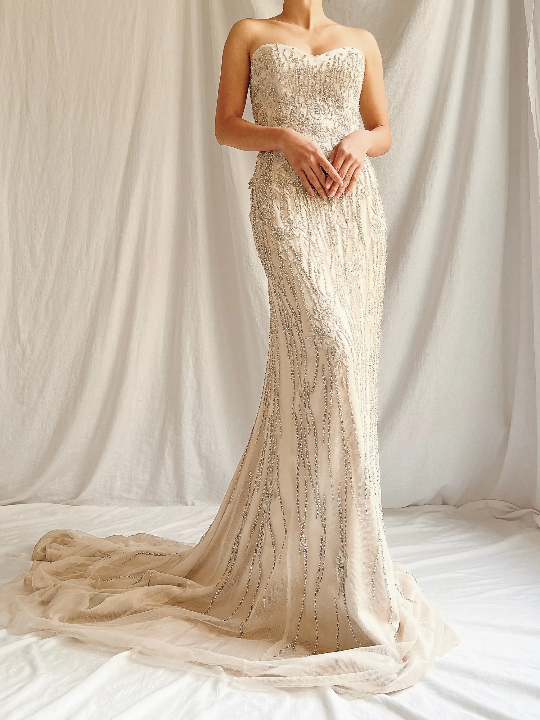 Vintage Beige Beaded Silk Gown - S/6