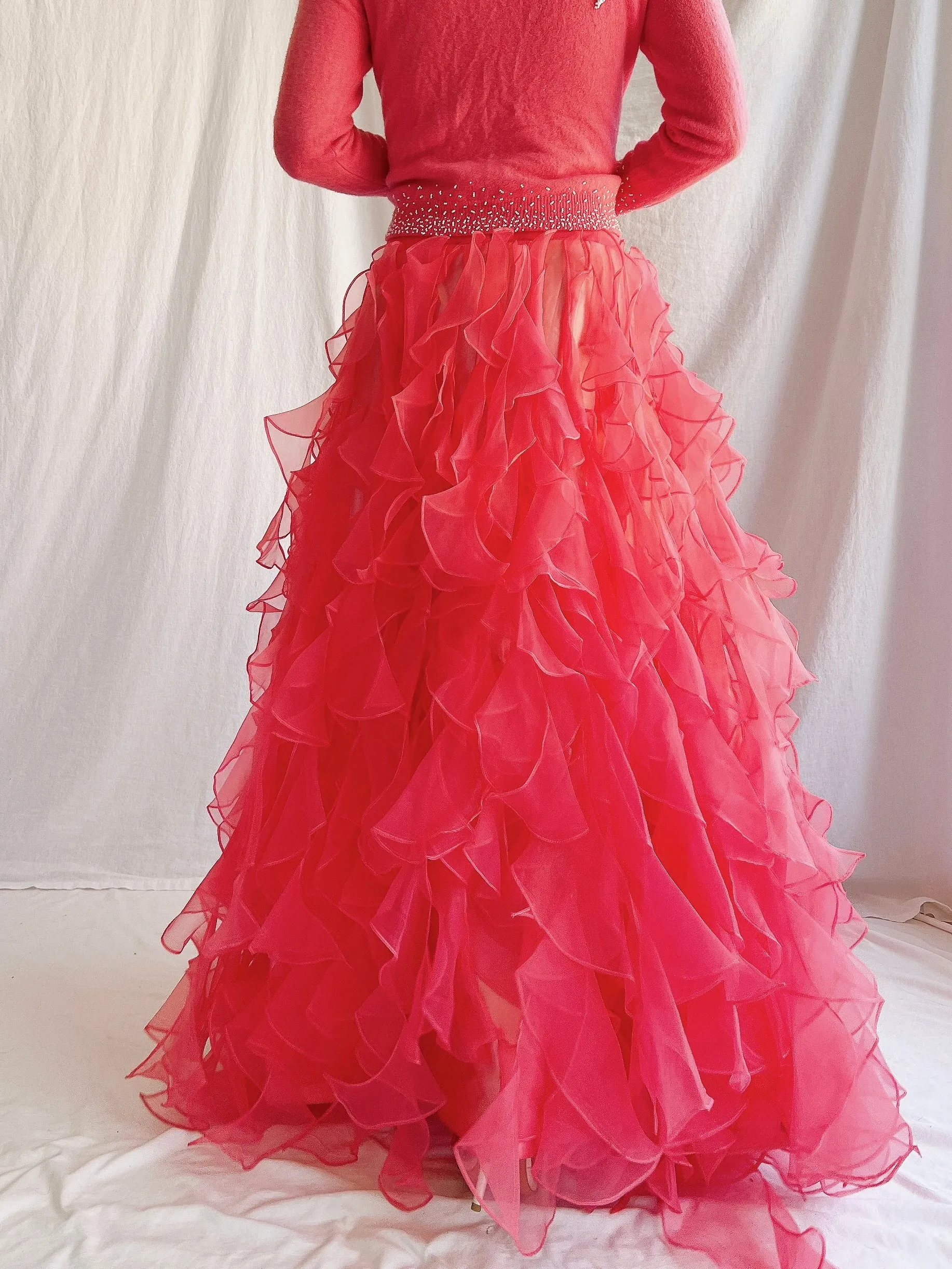 Vintage Blood Orange Ruffle Dropped Waist Skirt - M