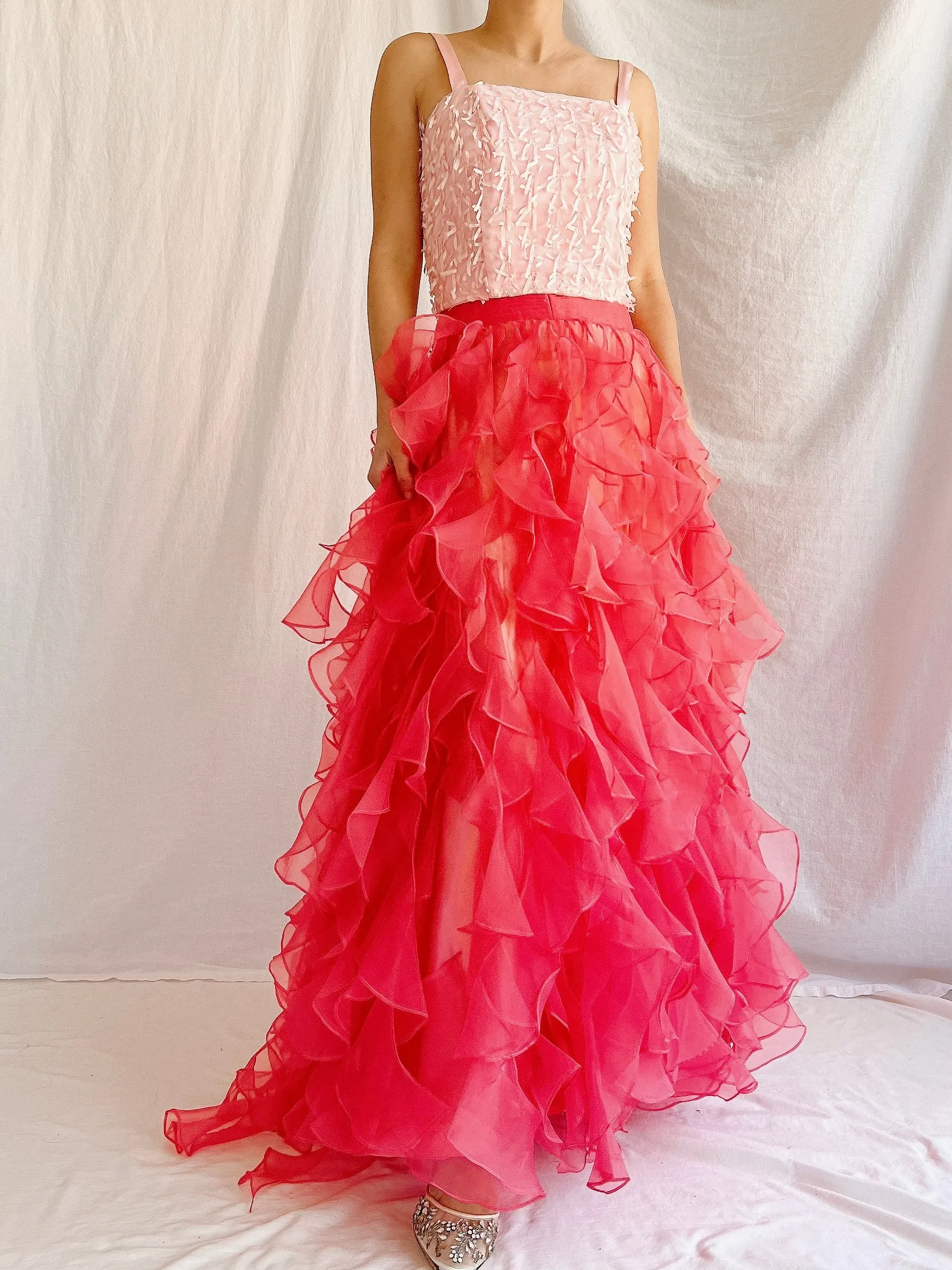 Vintage Blood Orange Ruffle Dropped Waist Skirt - M