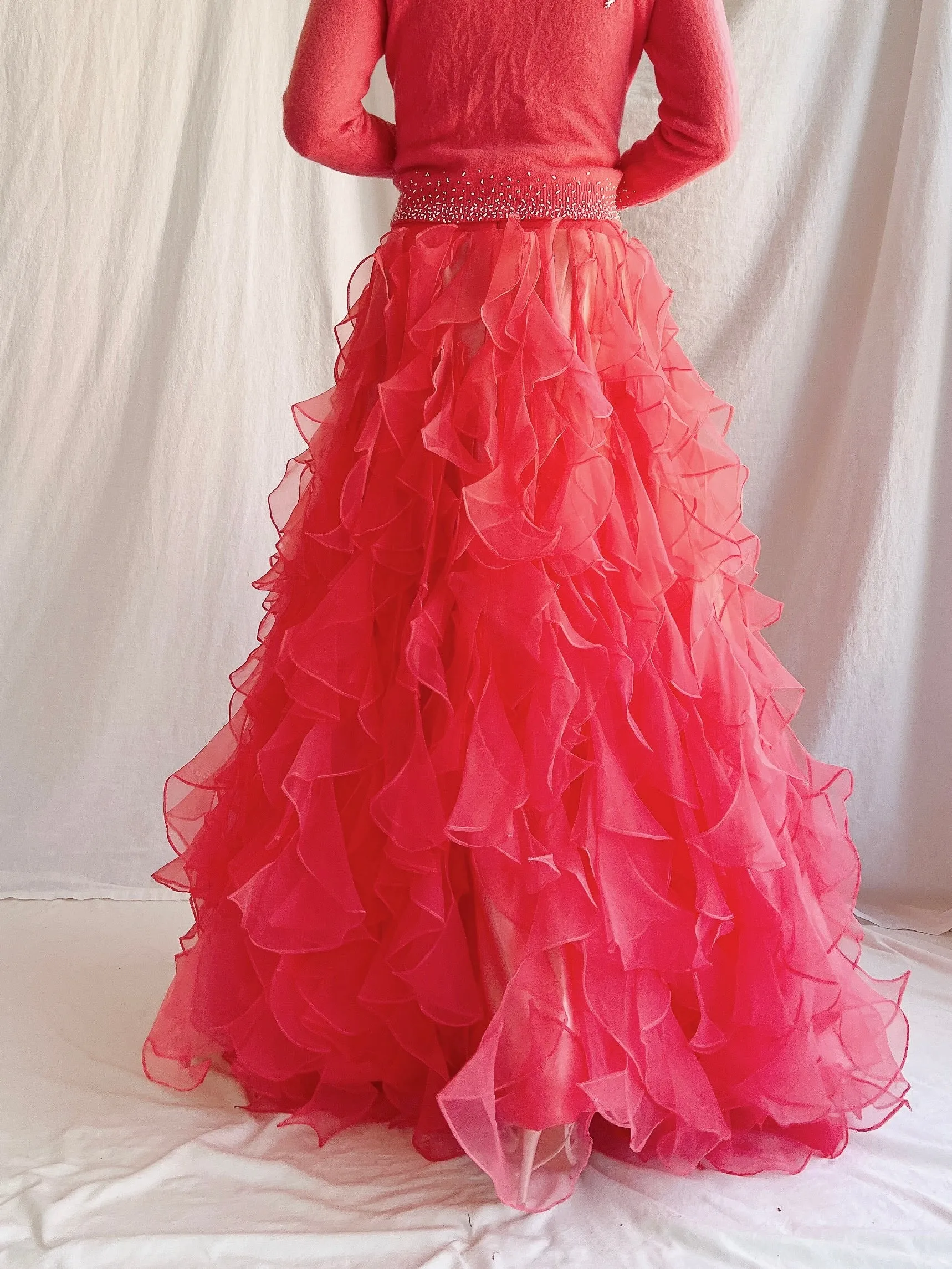 Vintage Blood Orange Ruffle Dropped Waist Skirt - M