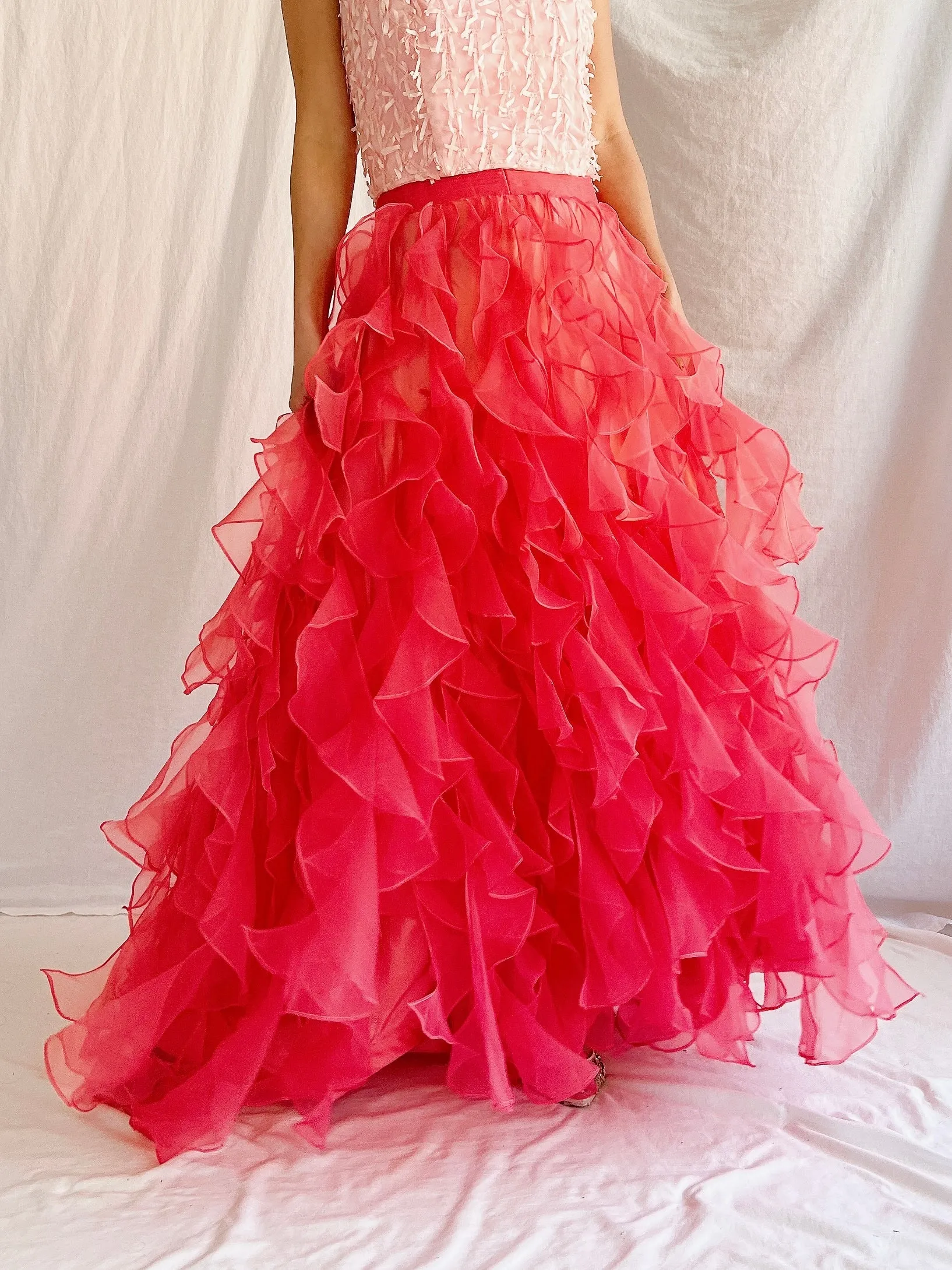 Vintage Blood Orange Ruffle Dropped Waist Skirt - M