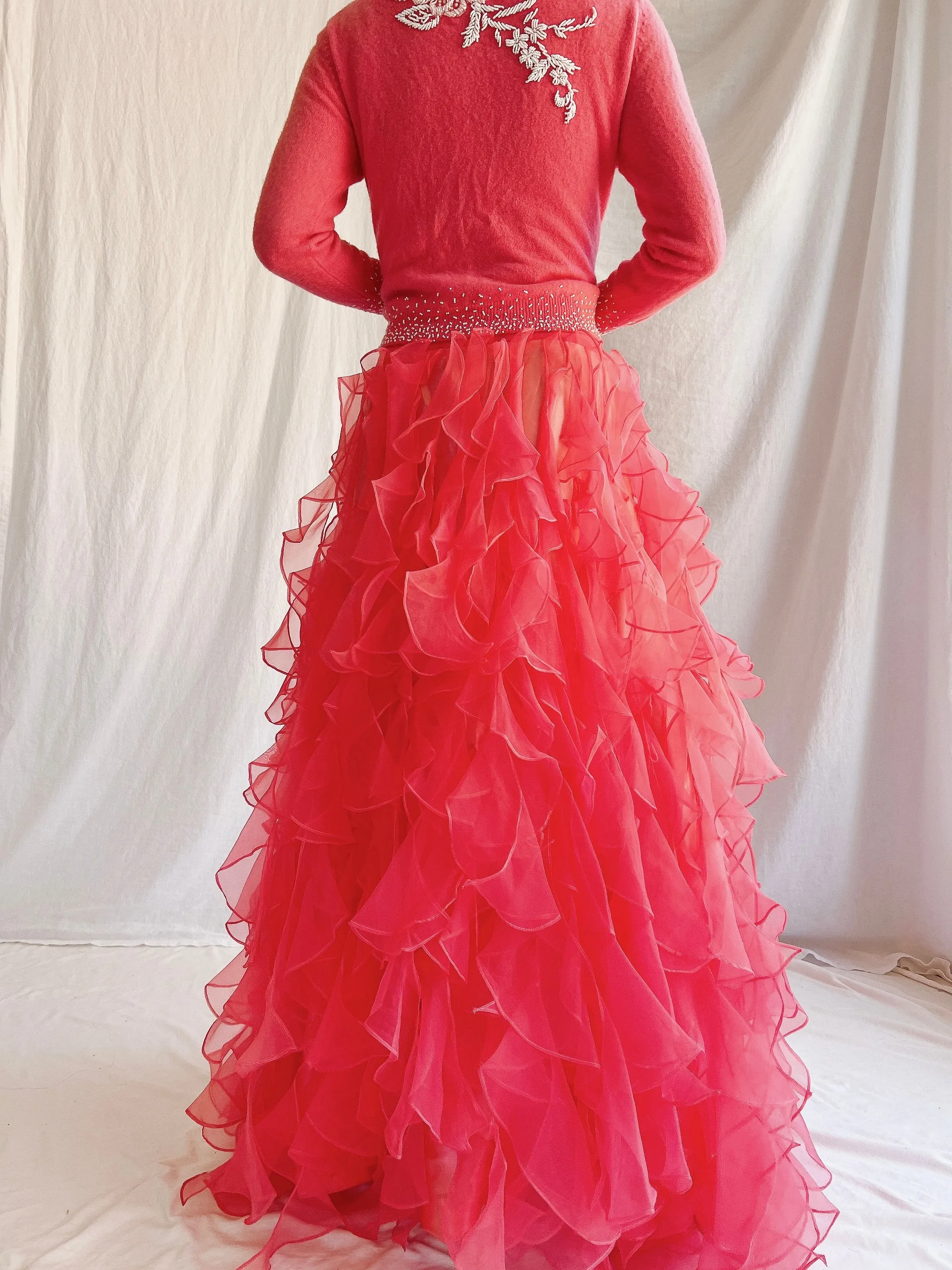Vintage Blood Orange Ruffle Dropped Waist Skirt - M