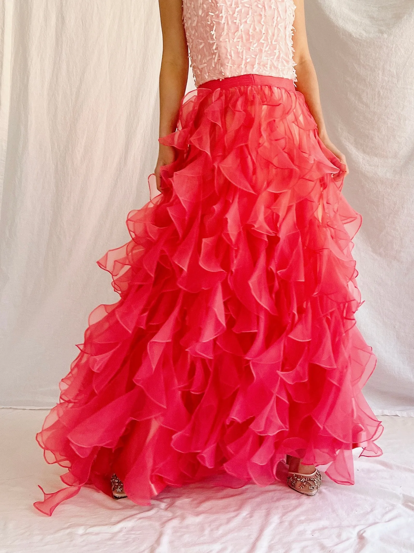 Vintage Blood Orange Ruffle Dropped Waist Skirt - M