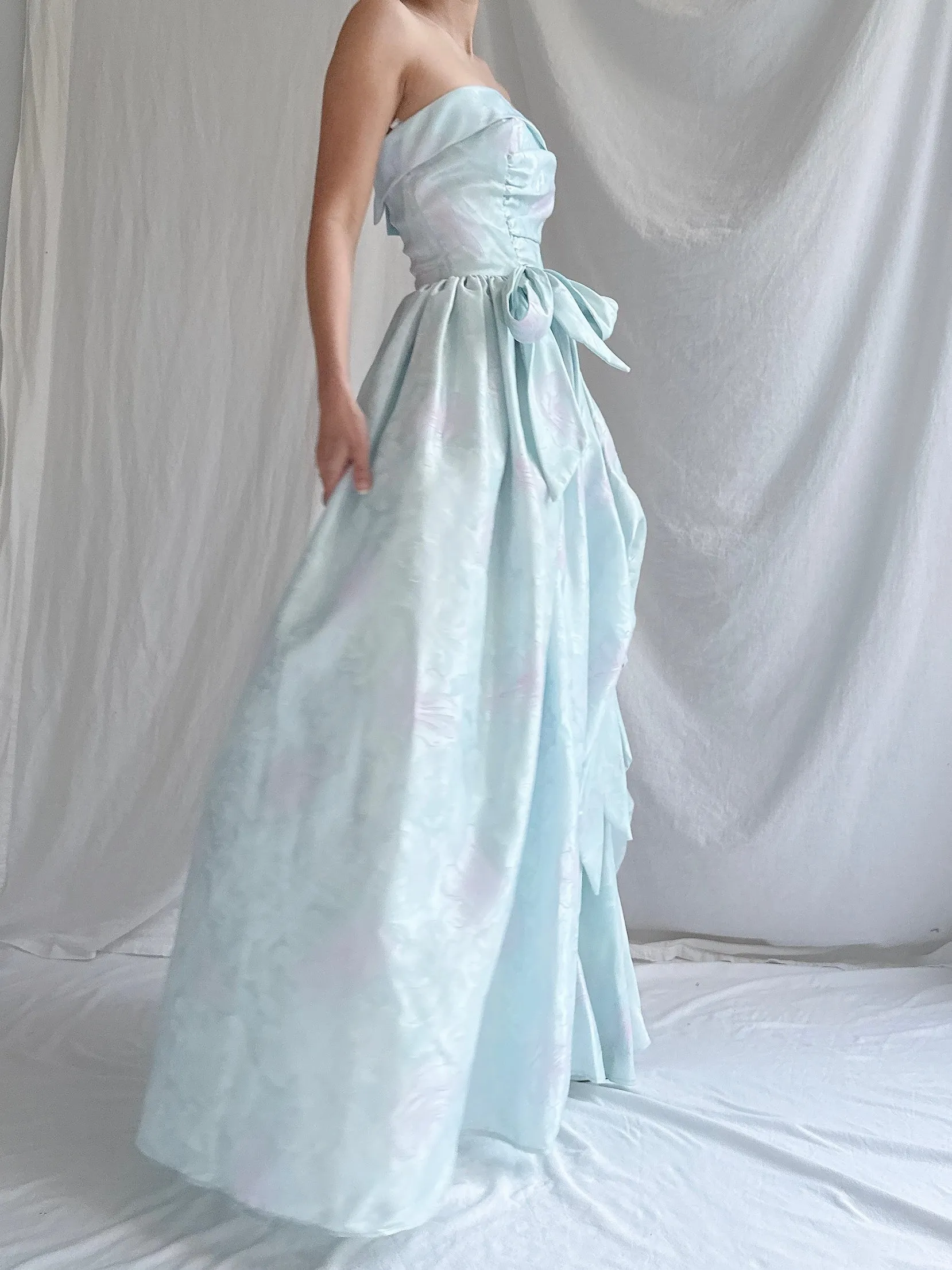 Vintage Blue Satin Floral Dress - XXS/0