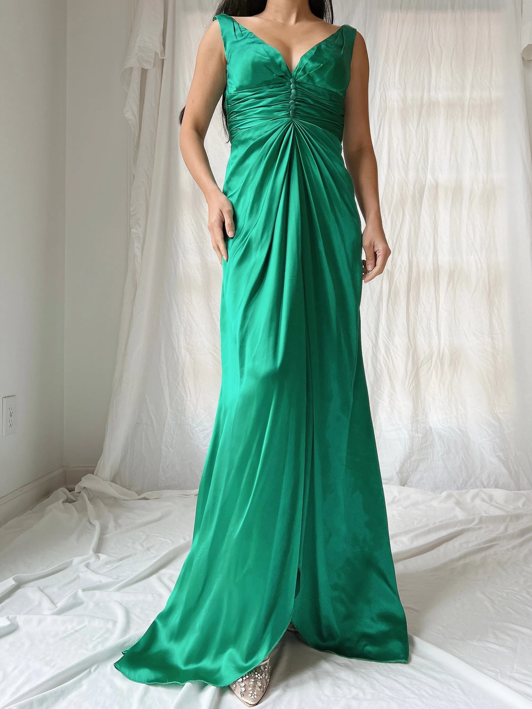 Vintage Emerald Silk Draped Dress - XS/2