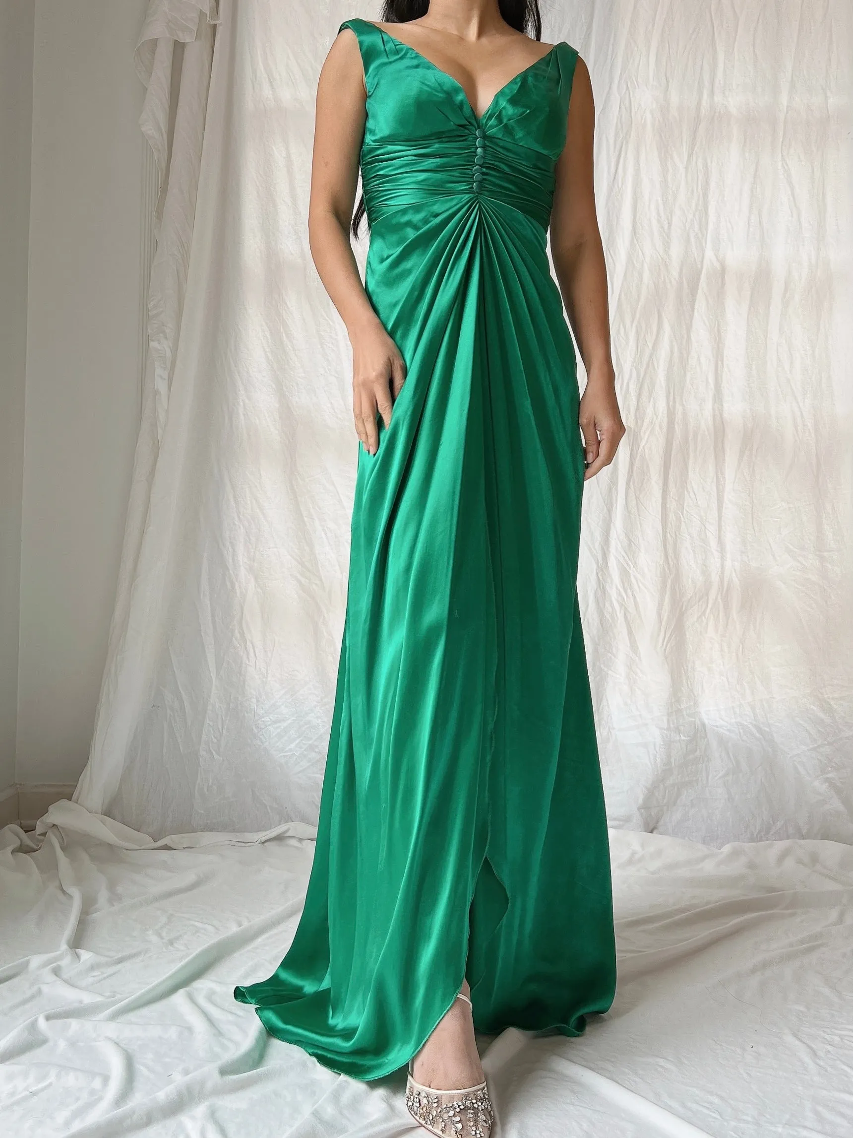 Vintage Emerald Silk Draped Dress - XS/2