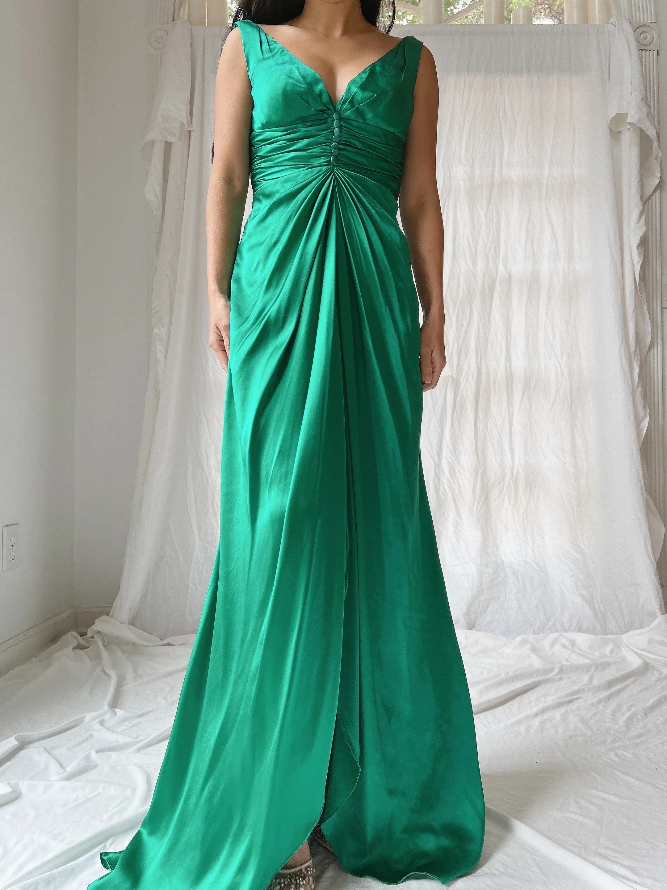 Vintage Emerald Silk Draped Dress - XS/2
