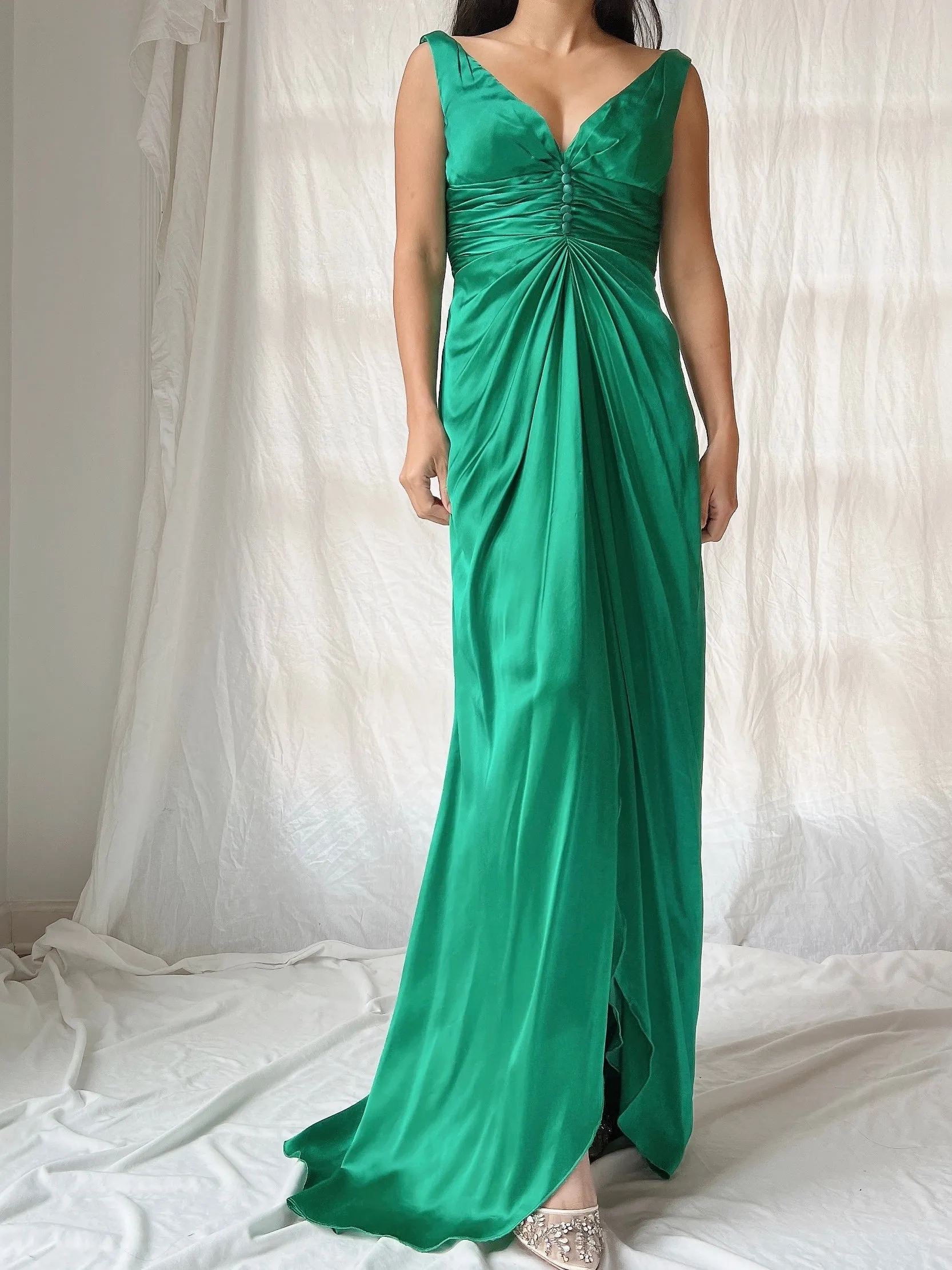 Vintage Emerald Silk Draped Dress - XS/2