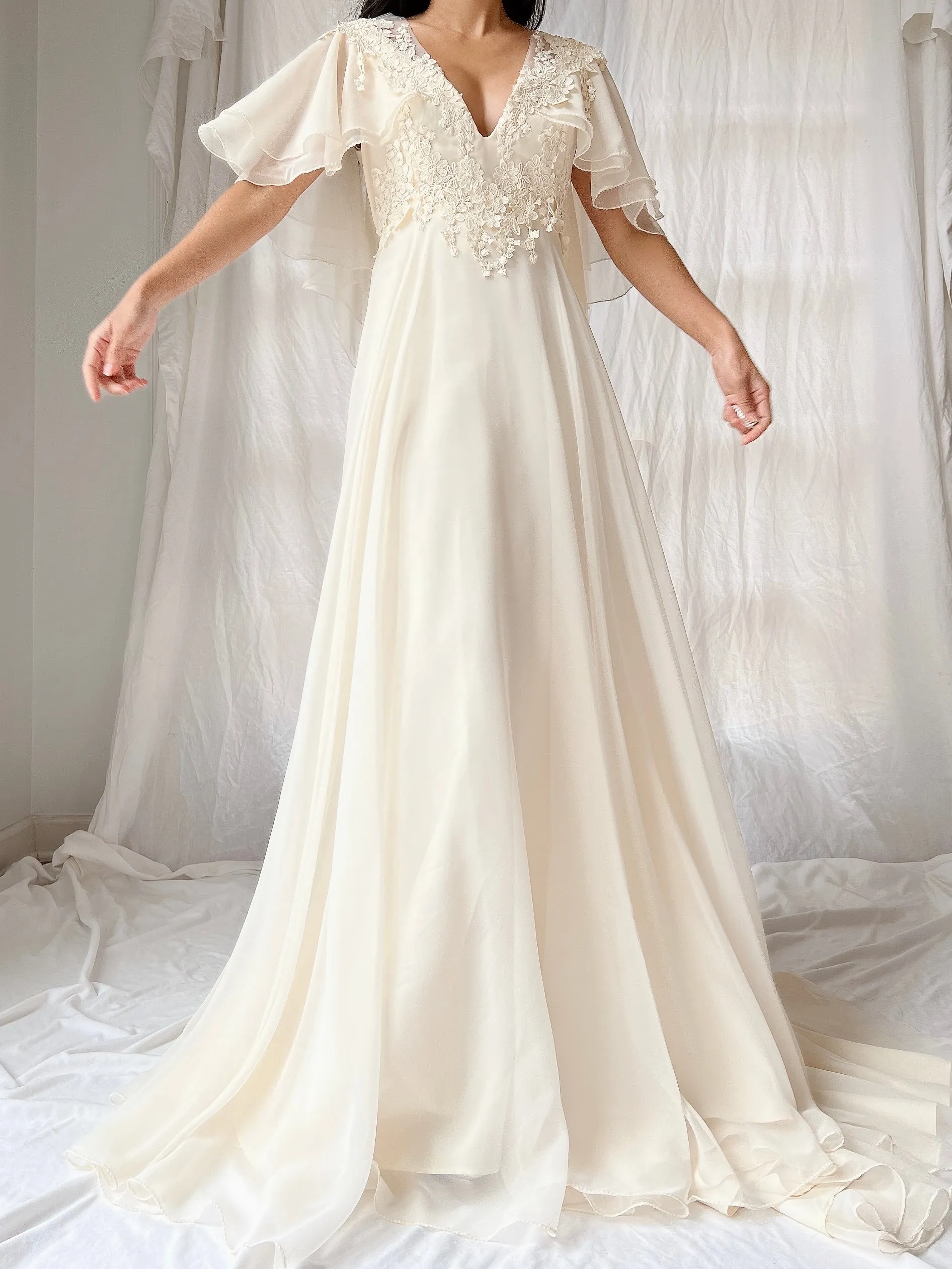 Vintage Flutter Sleeve Chiffon Dress - S/M