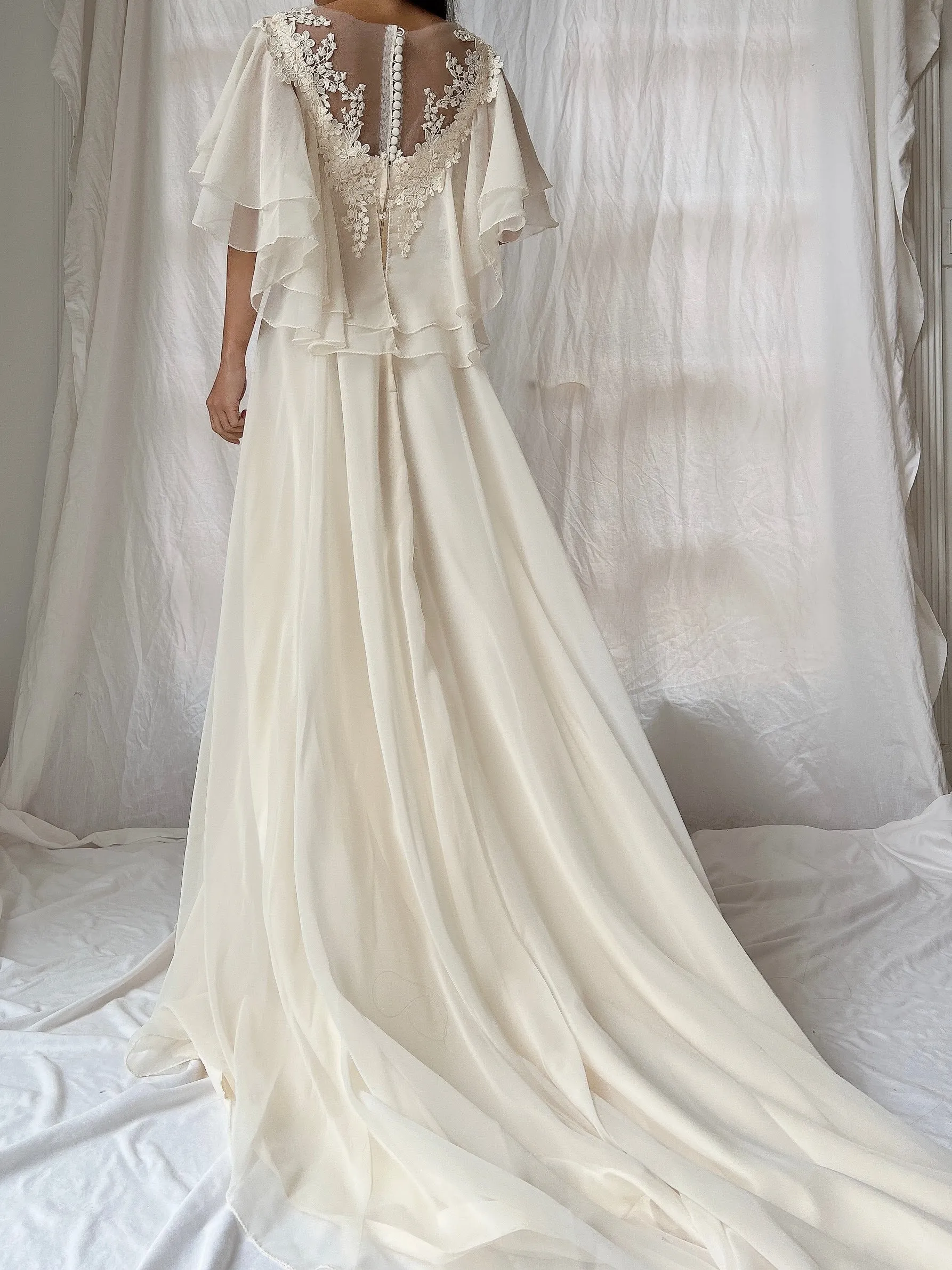 Vintage Flutter Sleeve Chiffon Dress - S/M