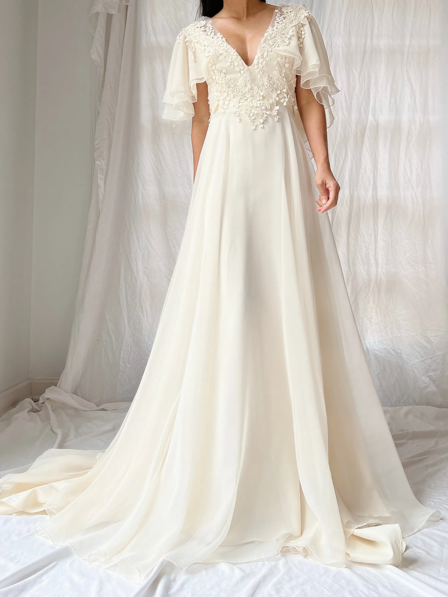 Vintage Flutter Sleeve Chiffon Dress - S/M