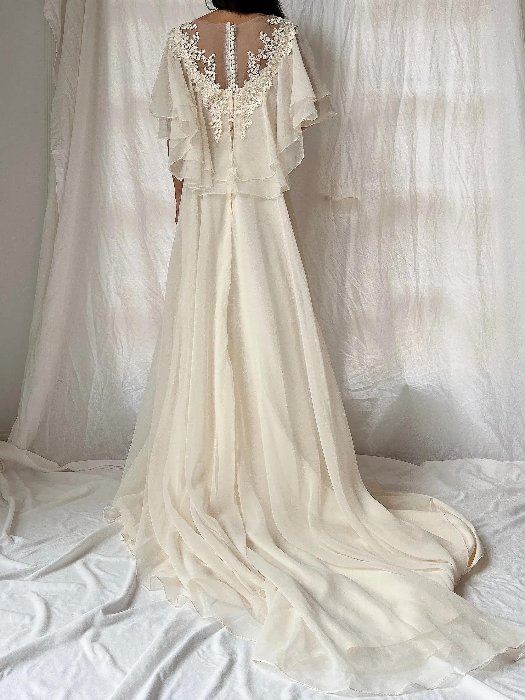 Vintage Flutter Sleeve Chiffon Dress - S/M