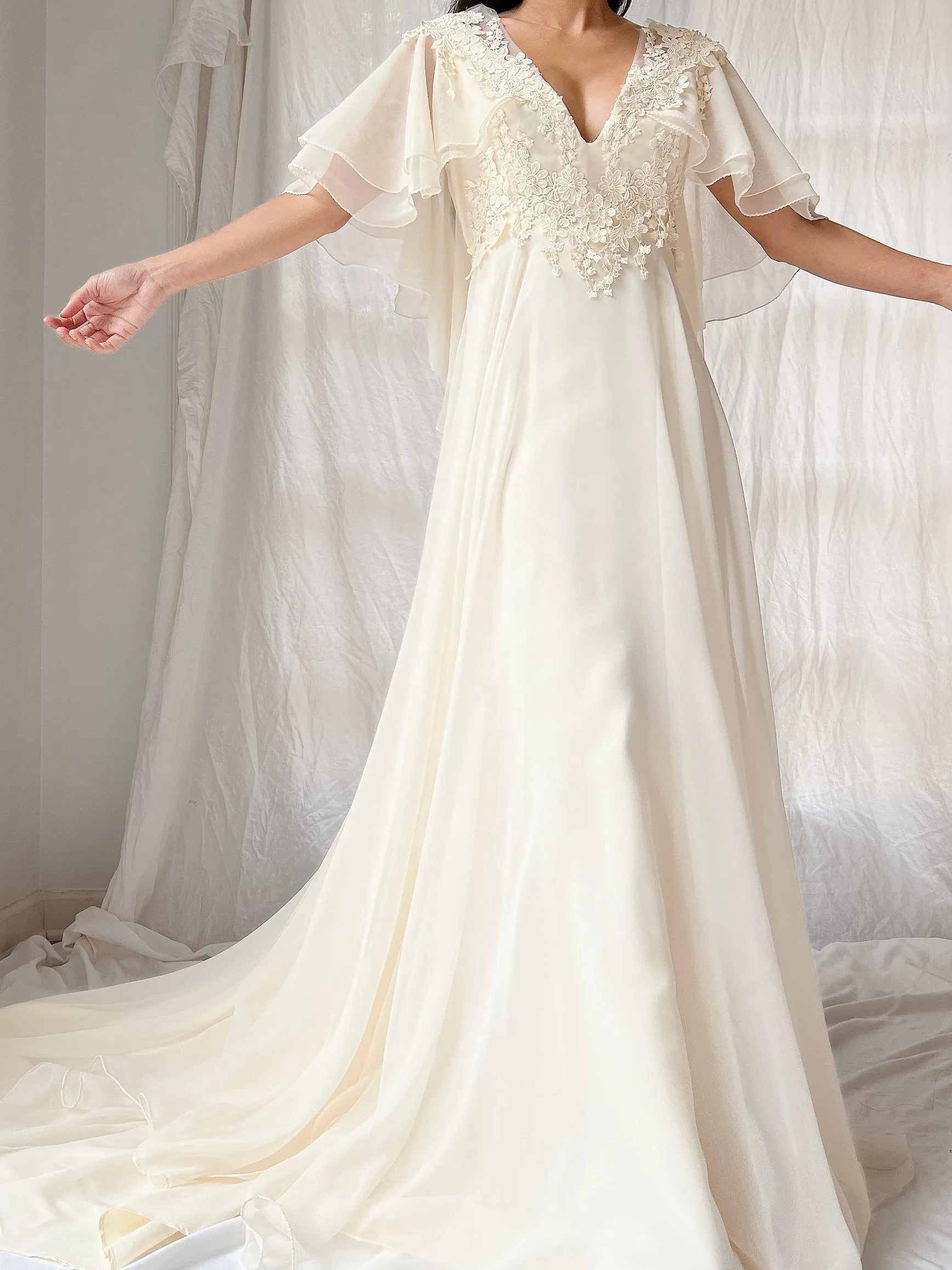 Vintage Flutter Sleeve Chiffon Dress - S/M