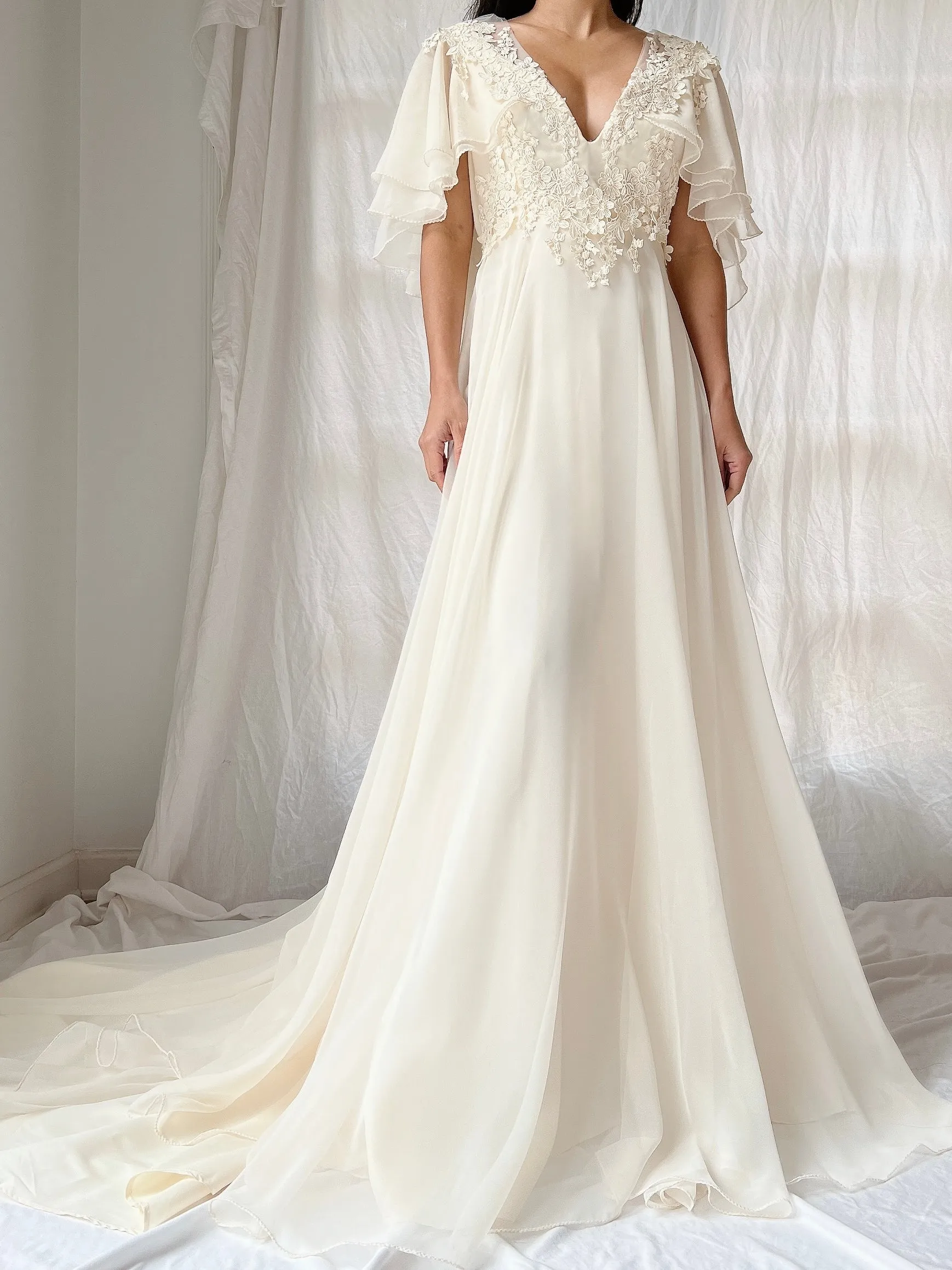 Vintage Flutter Sleeve Chiffon Dress - S/M