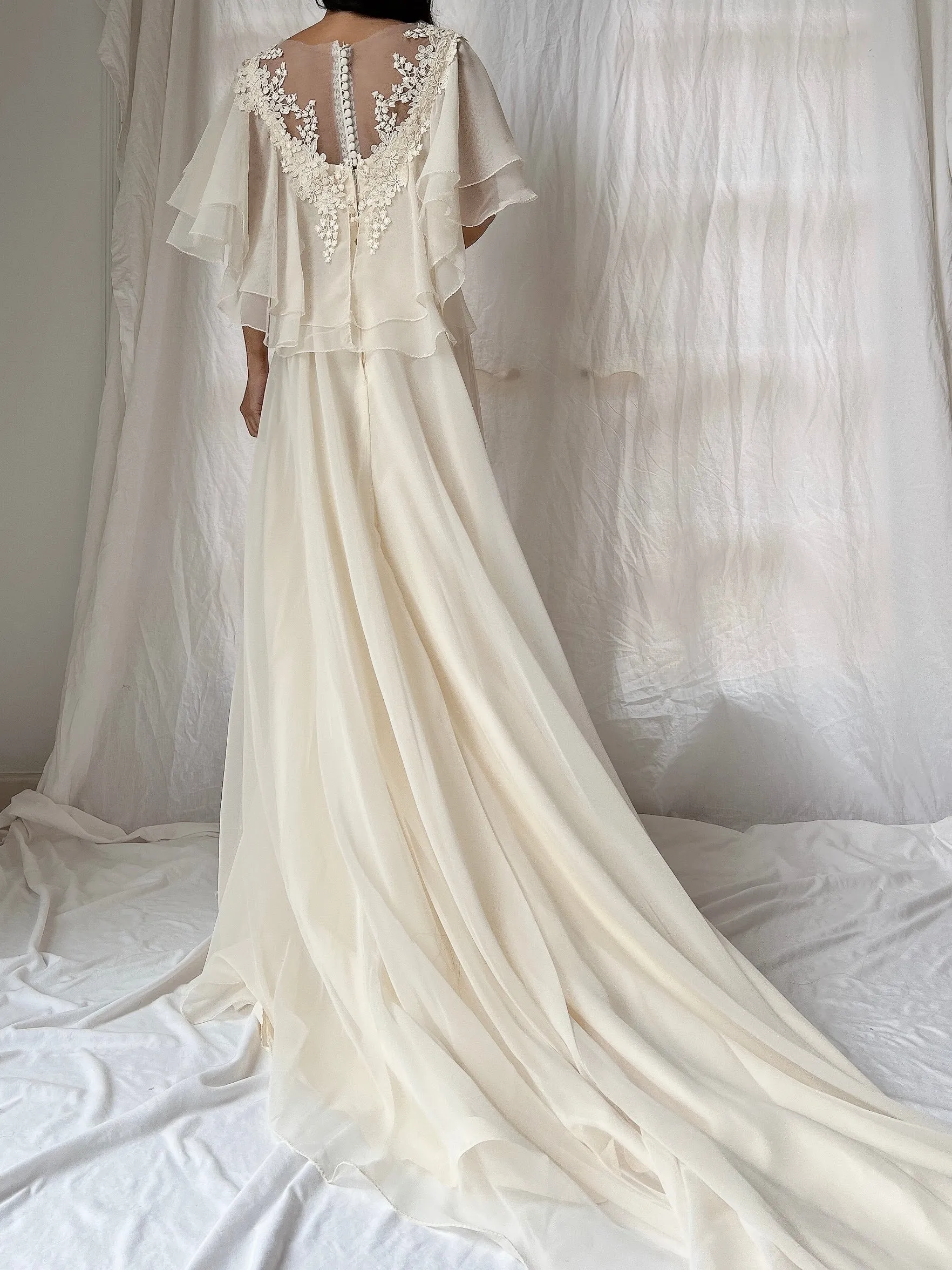 Vintage Flutter Sleeve Chiffon Dress - S/M