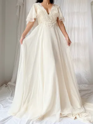 Vintage Flutter Sleeve Chiffon Dress - S/M