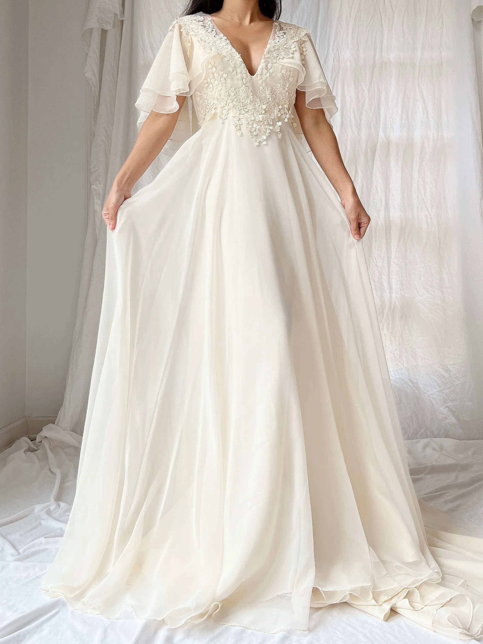 Vintage Flutter Sleeve Chiffon Dress - S/M
