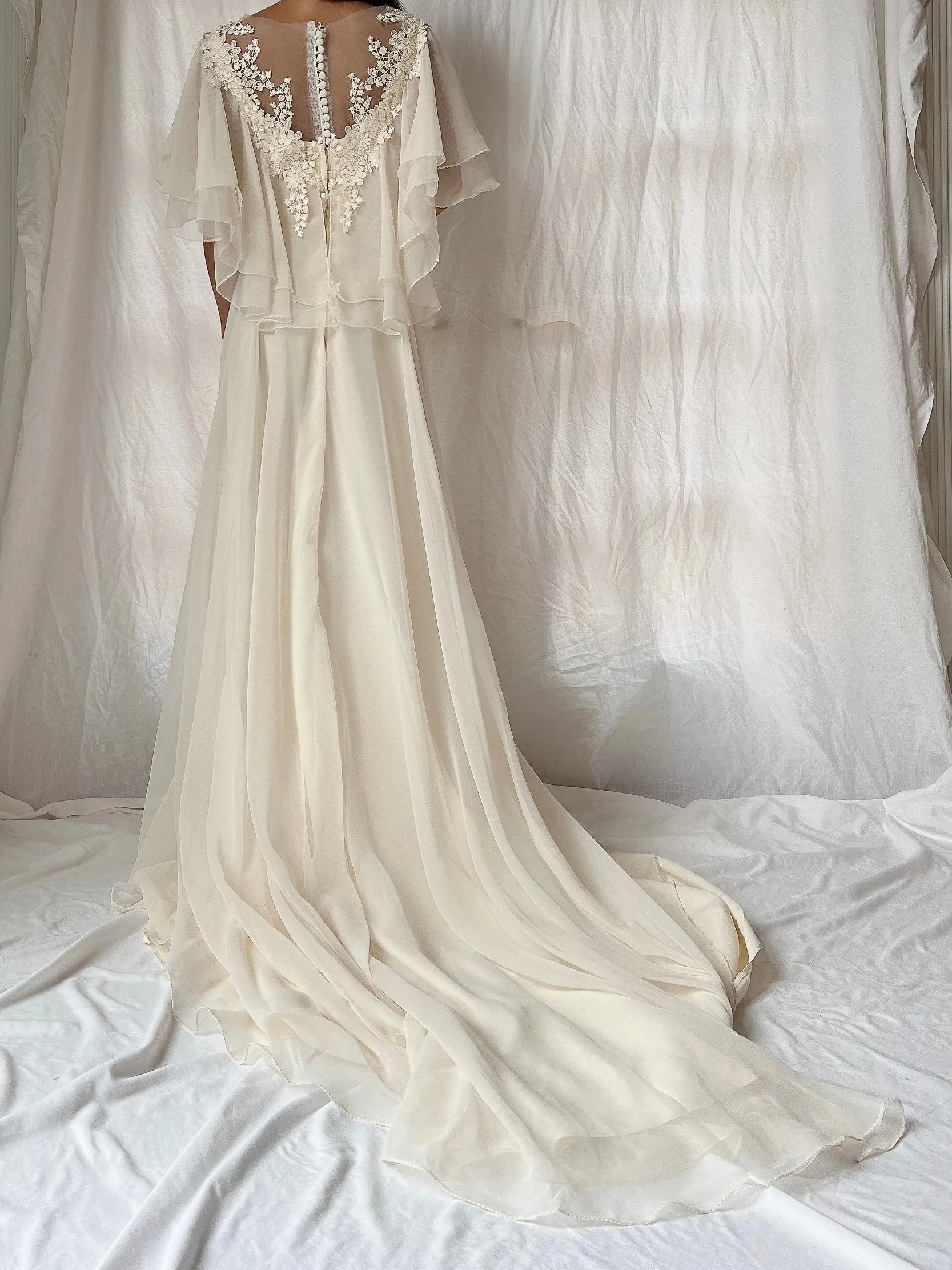 Vintage Flutter Sleeve Chiffon Dress - S/M
