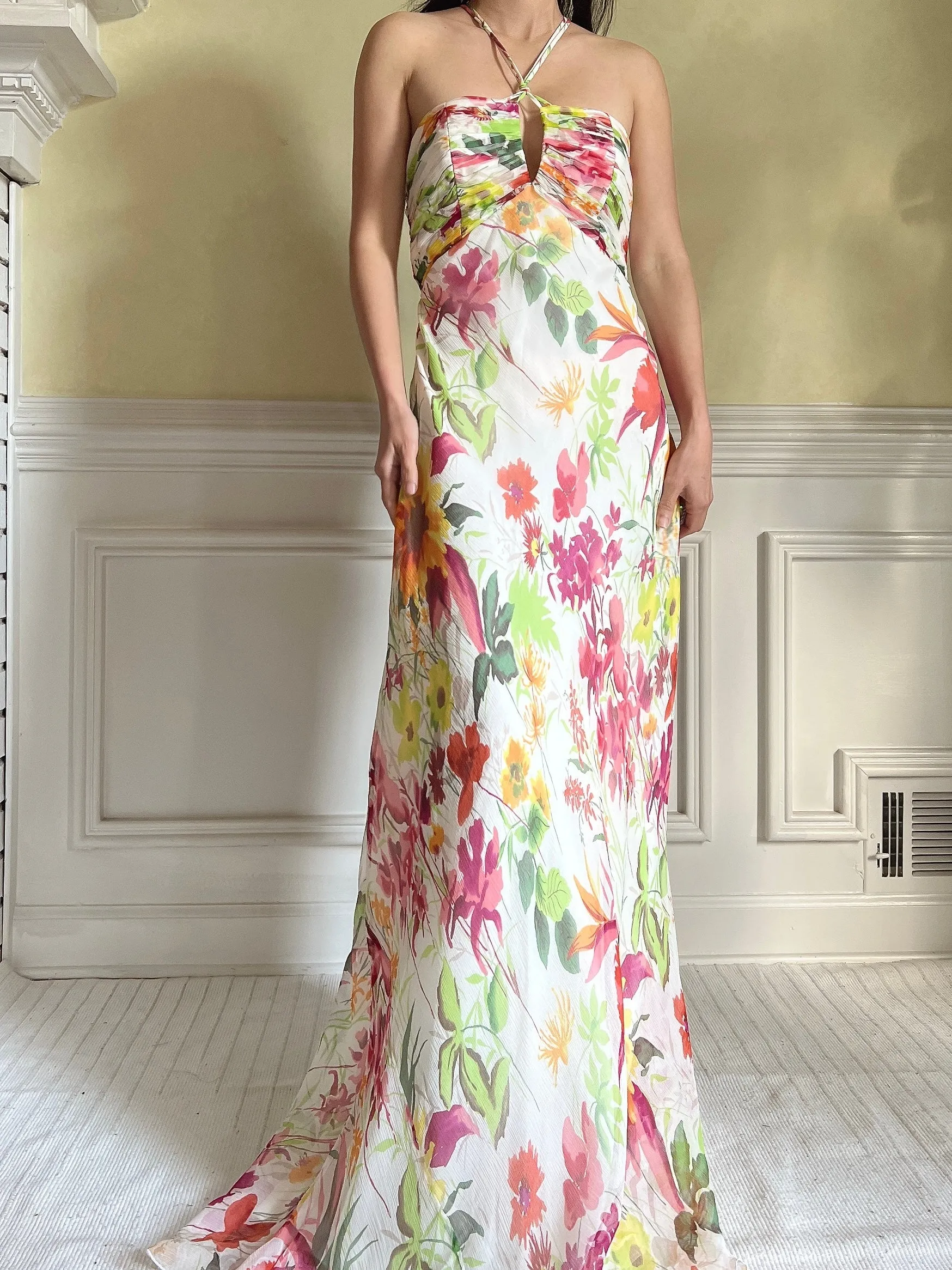 Vintage Halter Beaded Silk Floral Gown - S