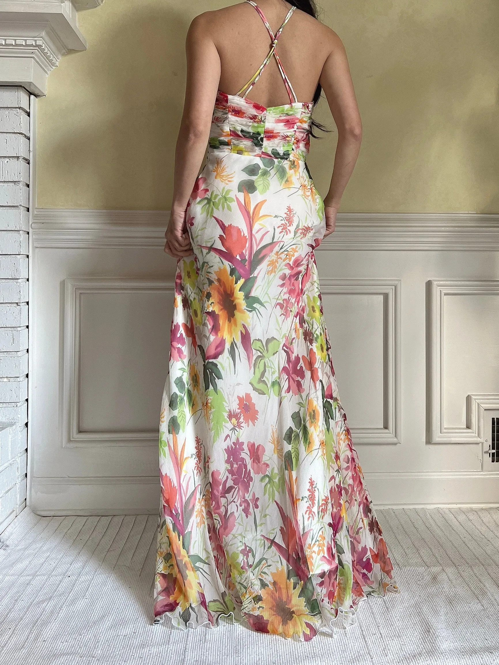 Vintage Halter Beaded Silk Floral Gown - S