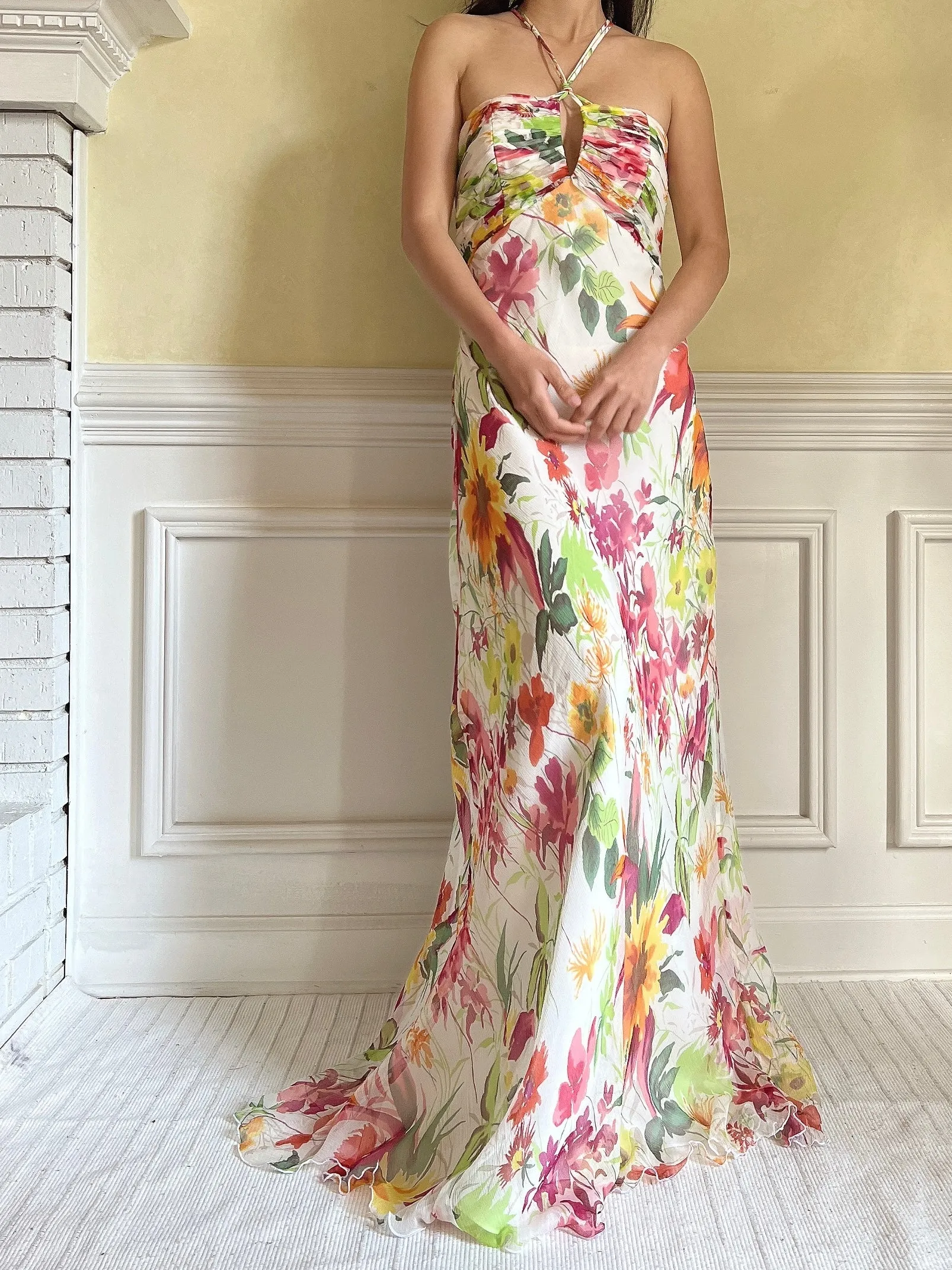 Vintage Halter Beaded Silk Floral Gown - S