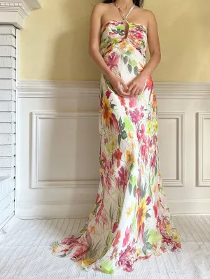 Vintage Halter Beaded Silk Floral Gown - S