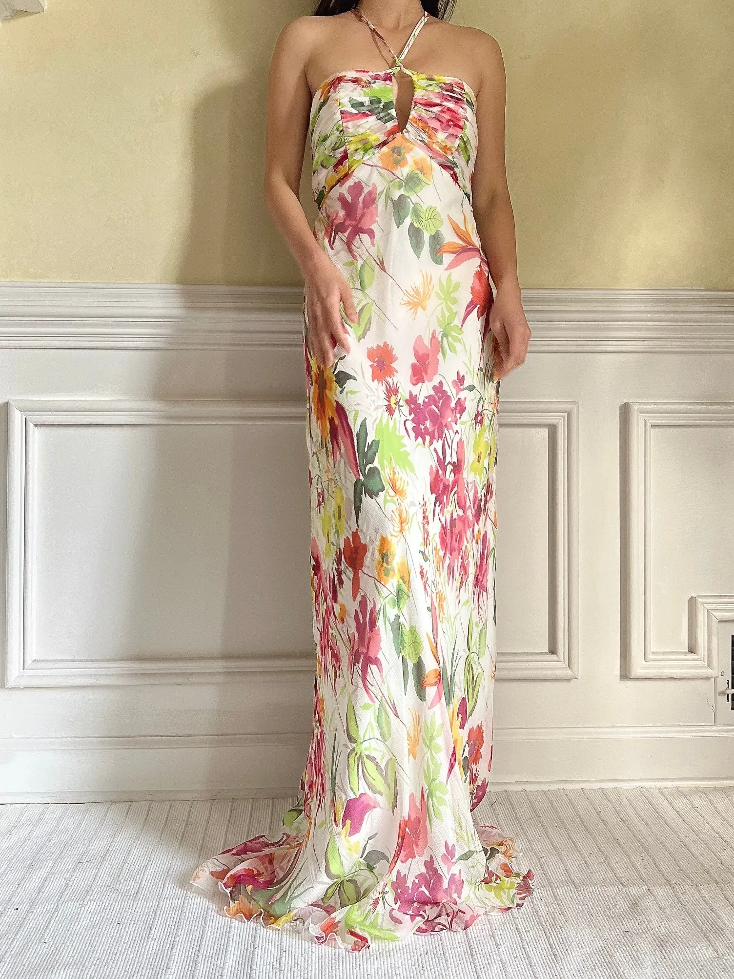 Vintage Halter Beaded Silk Floral Gown - S