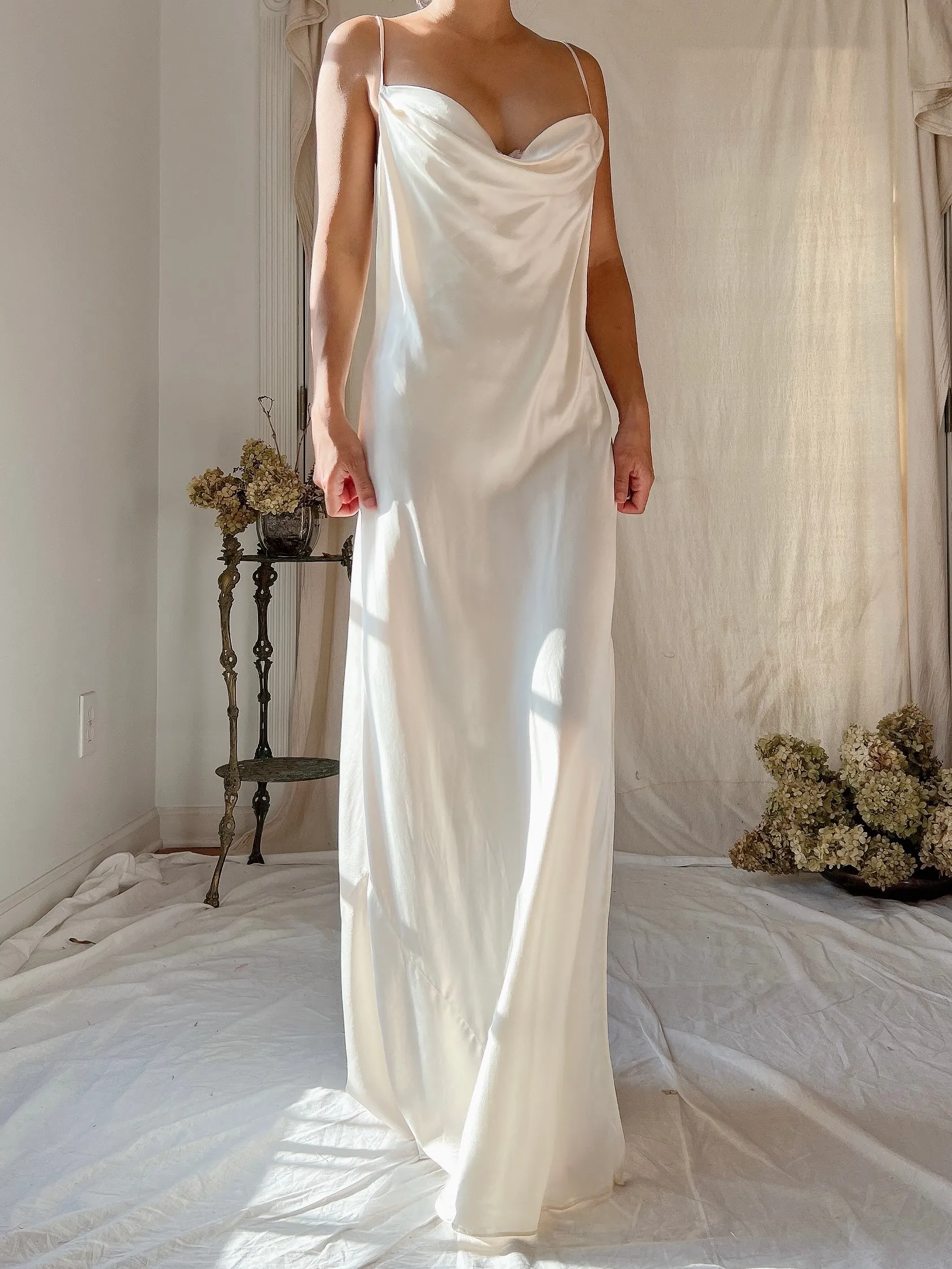 Vintage Ivory Silk Charmeuse Bias Cut Dress - M