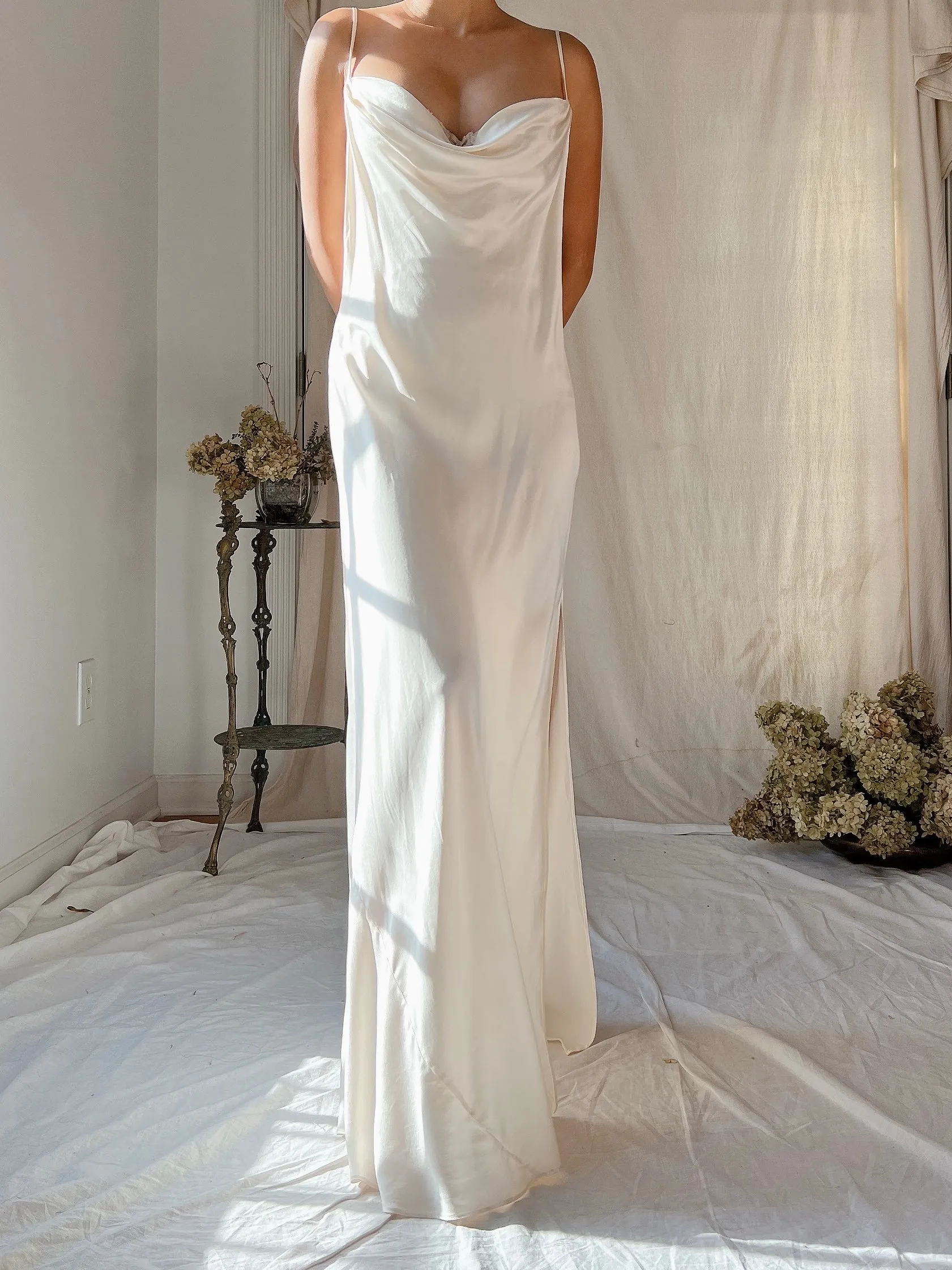 Vintage Ivory Silk Charmeuse Bias Cut Dress - M