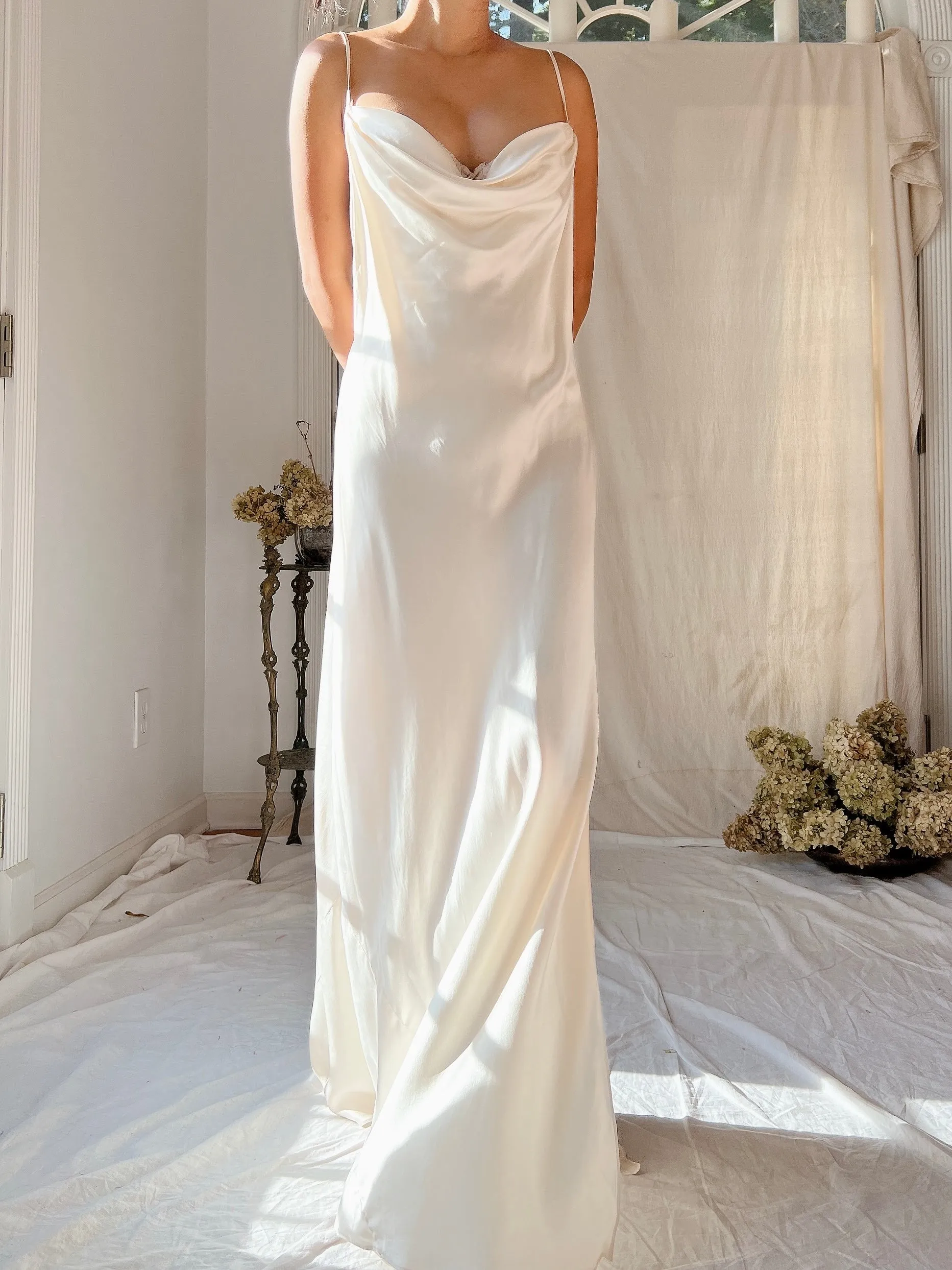 Vintage Ivory Silk Charmeuse Bias Cut Dress - M