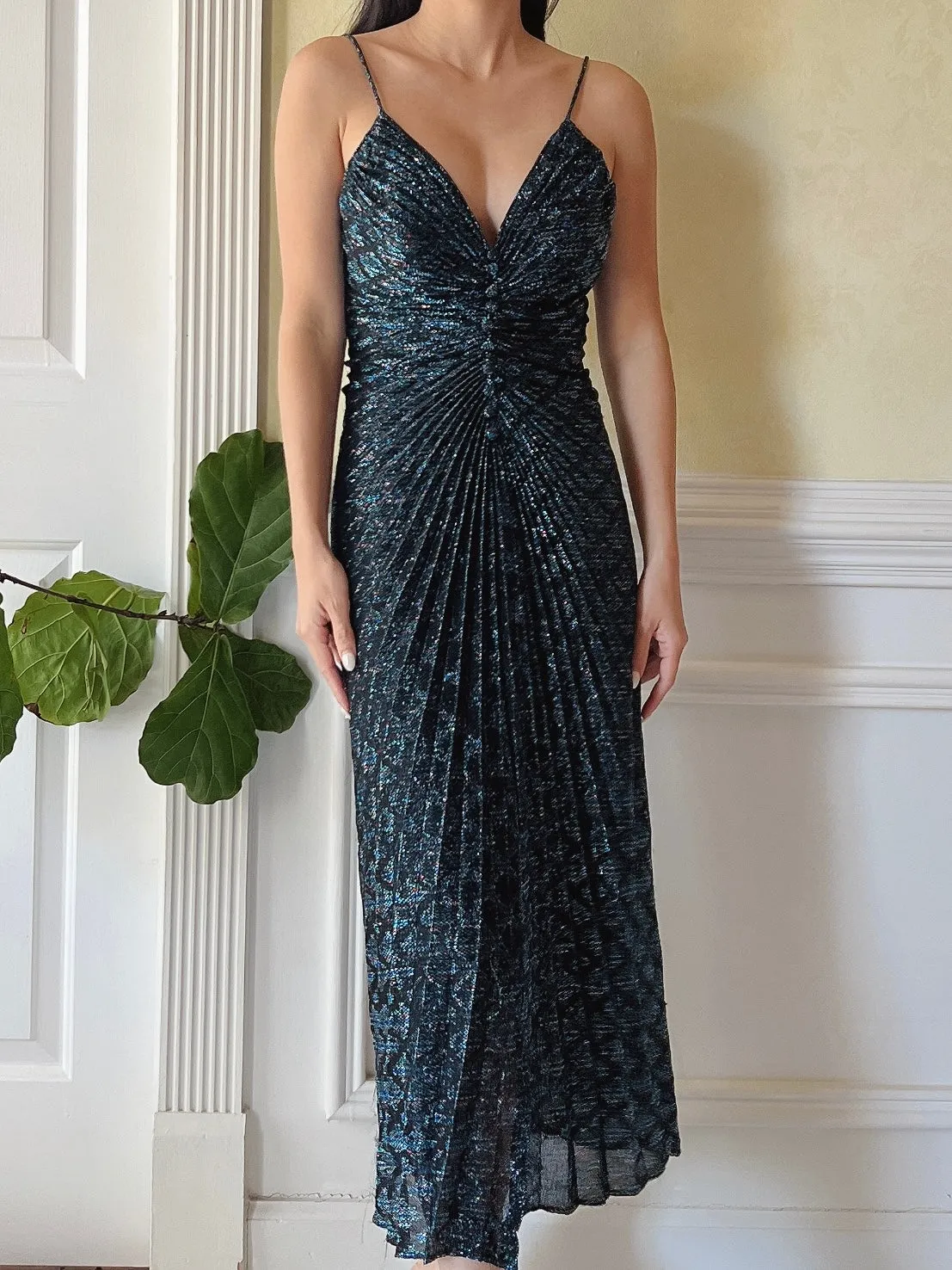 Vintage Patterned Lurex Pleated Dress - S
