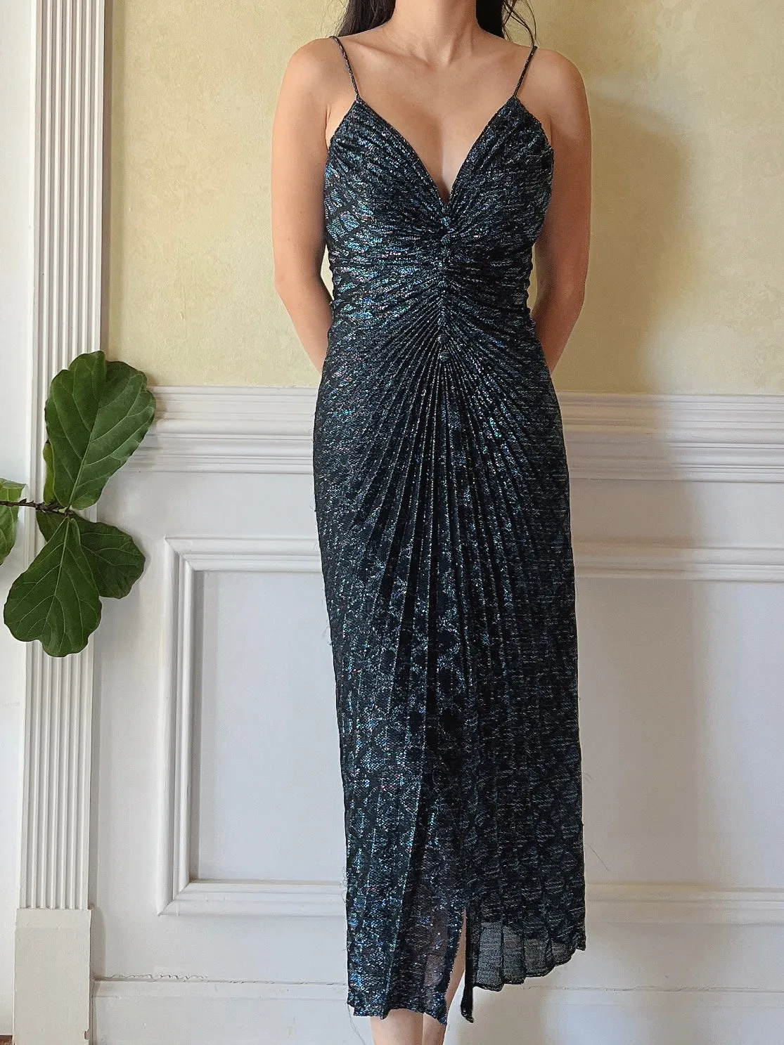 Vintage Patterned Lurex Pleated Dress - S