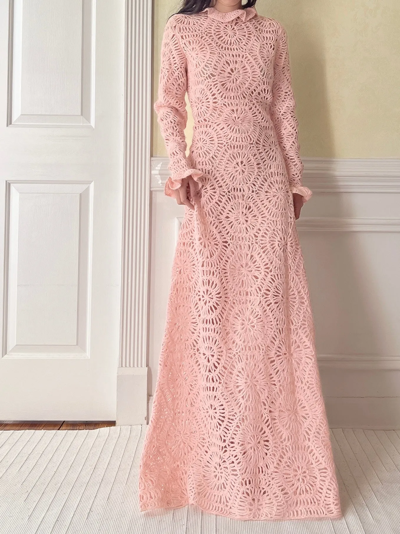 Vintage Pink Crochet Gown - M