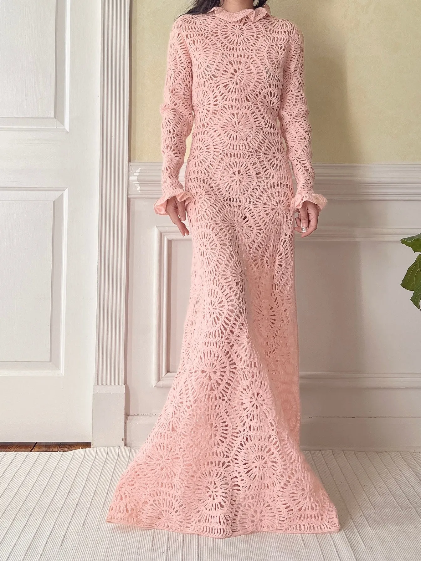 Vintage Pink Crochet Gown - M