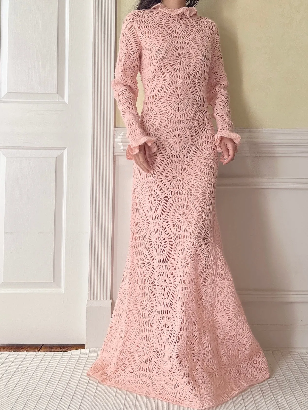 Vintage Pink Crochet Gown - M