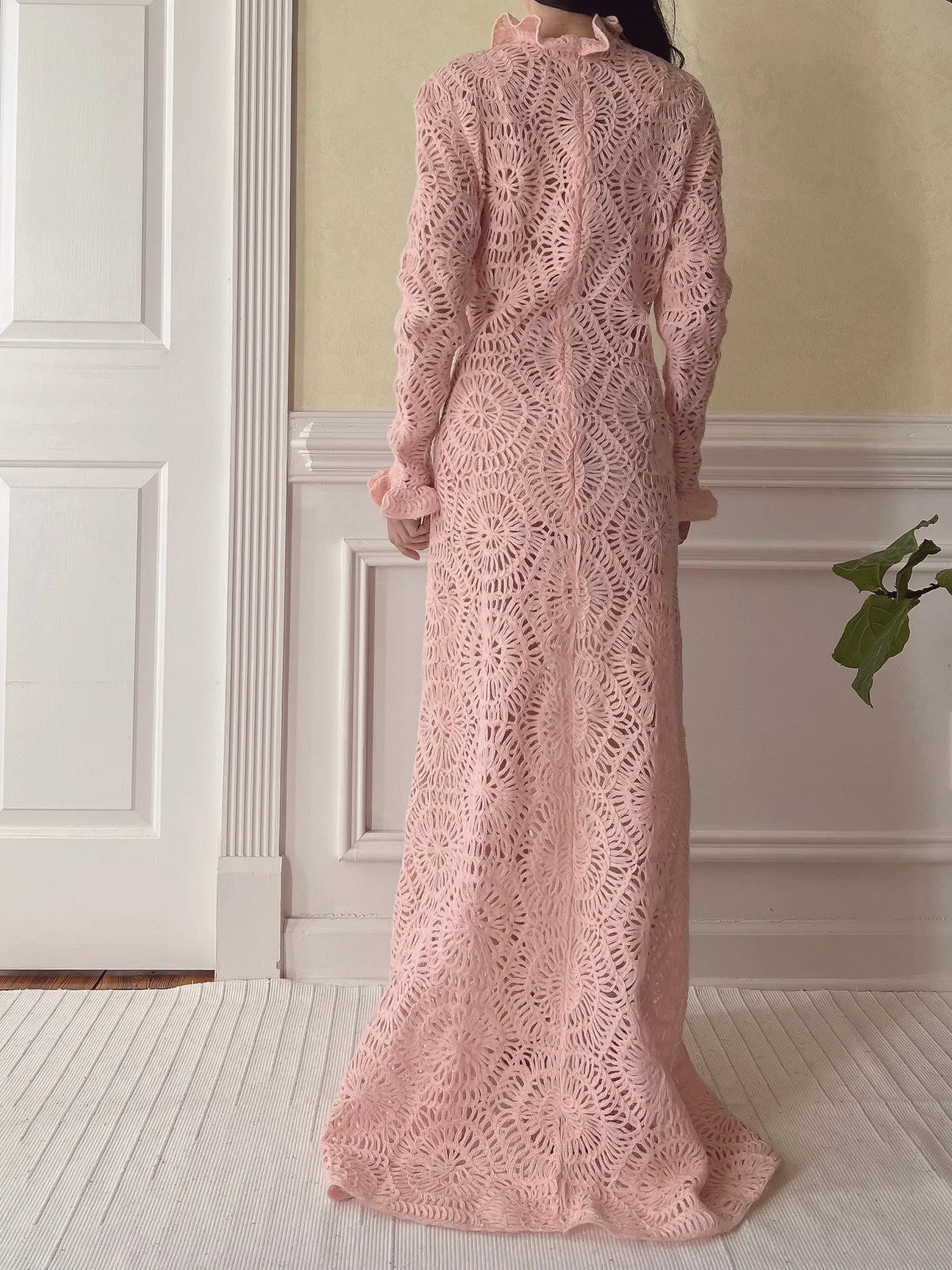 Vintage Pink Crochet Gown - M