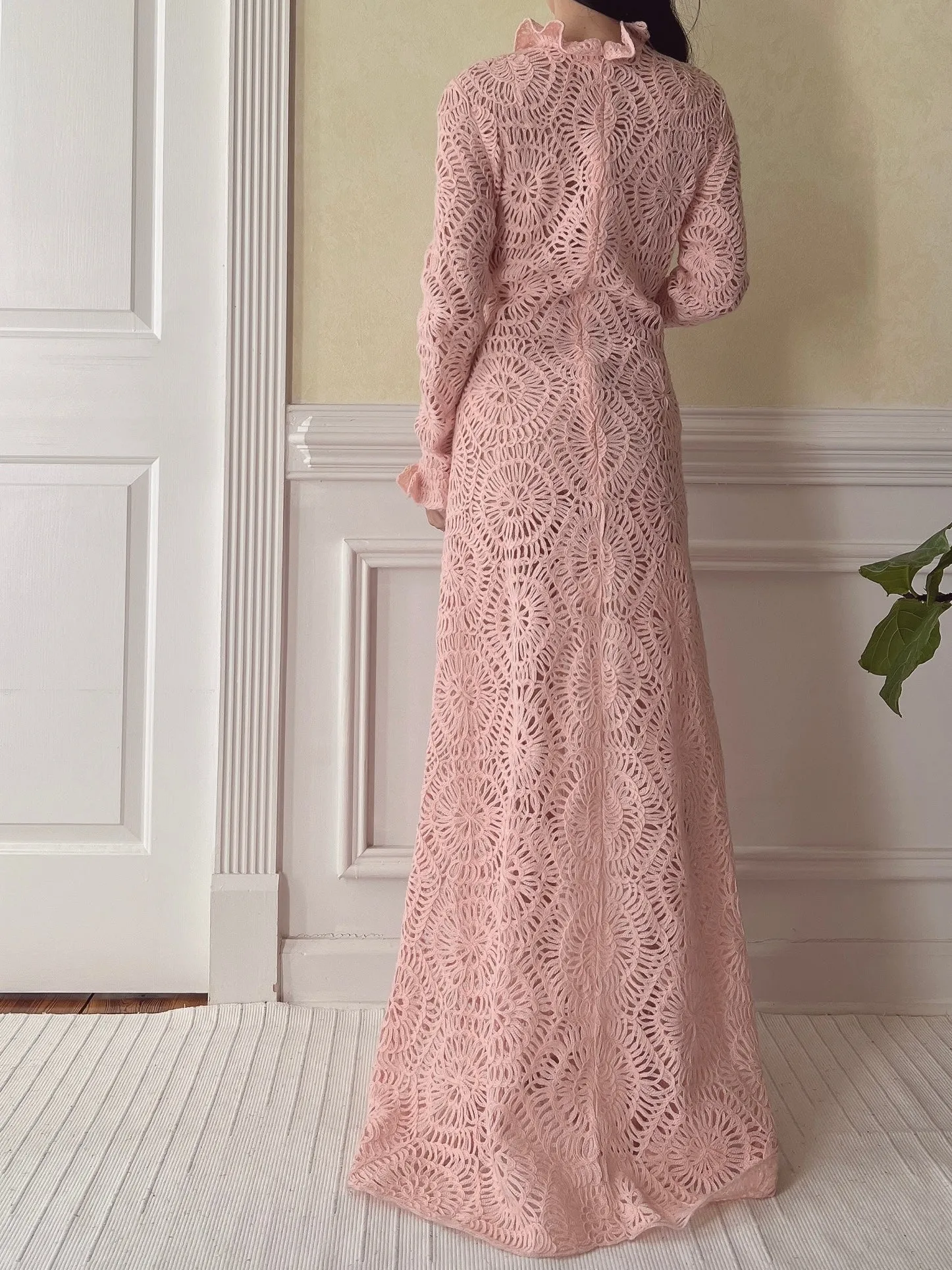 Vintage Pink Crochet Gown - M