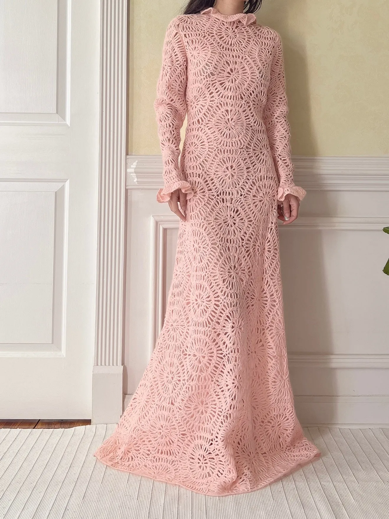 Vintage Pink Crochet Gown - M