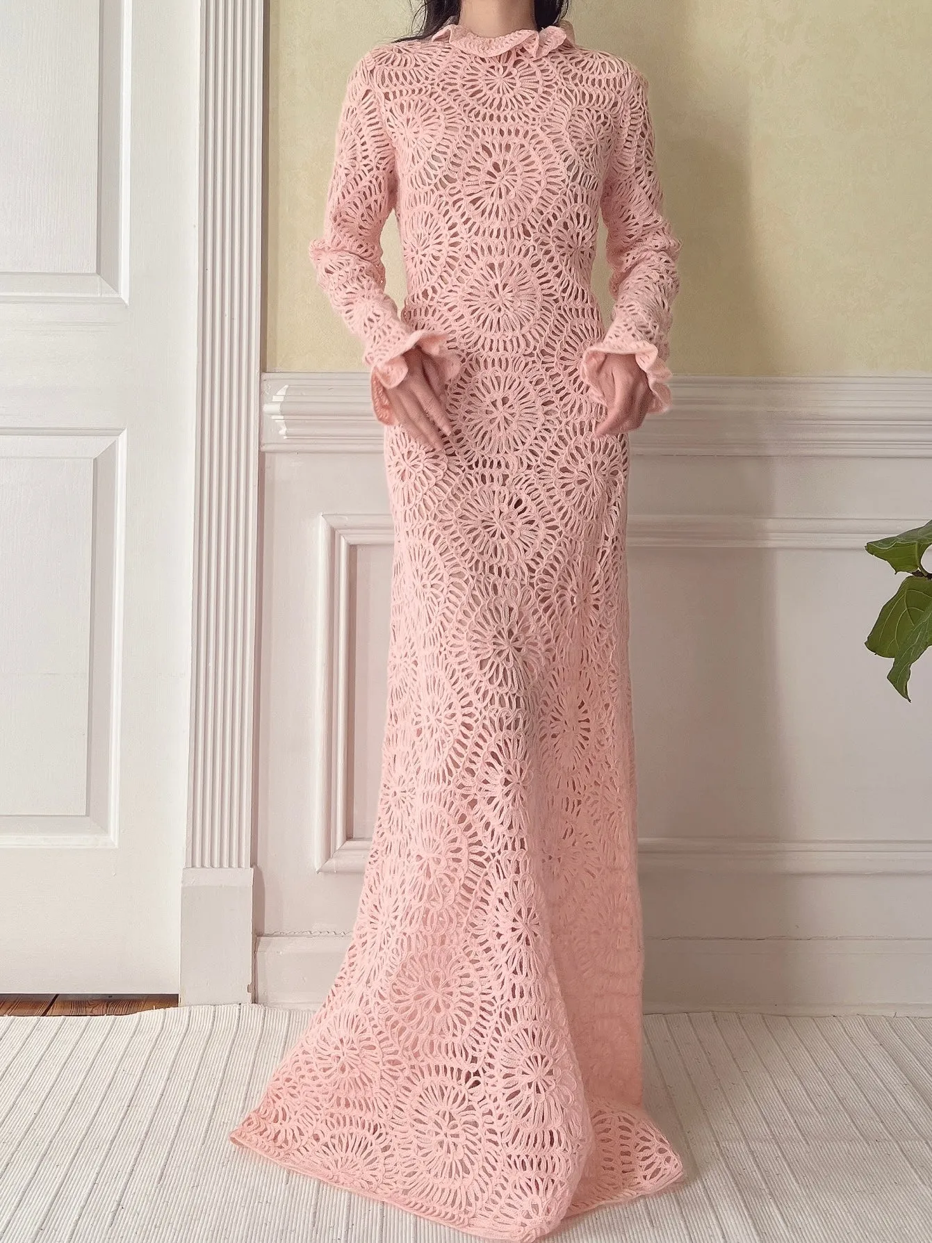 Vintage Pink Crochet Gown - M