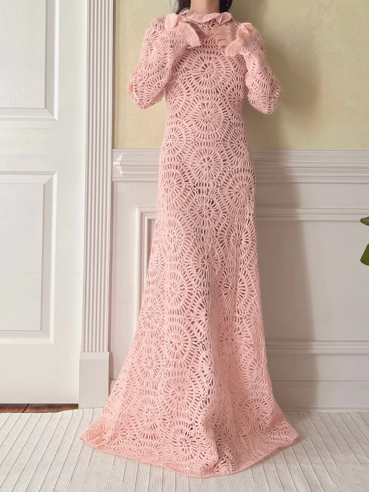 Vintage Pink Crochet Gown - M