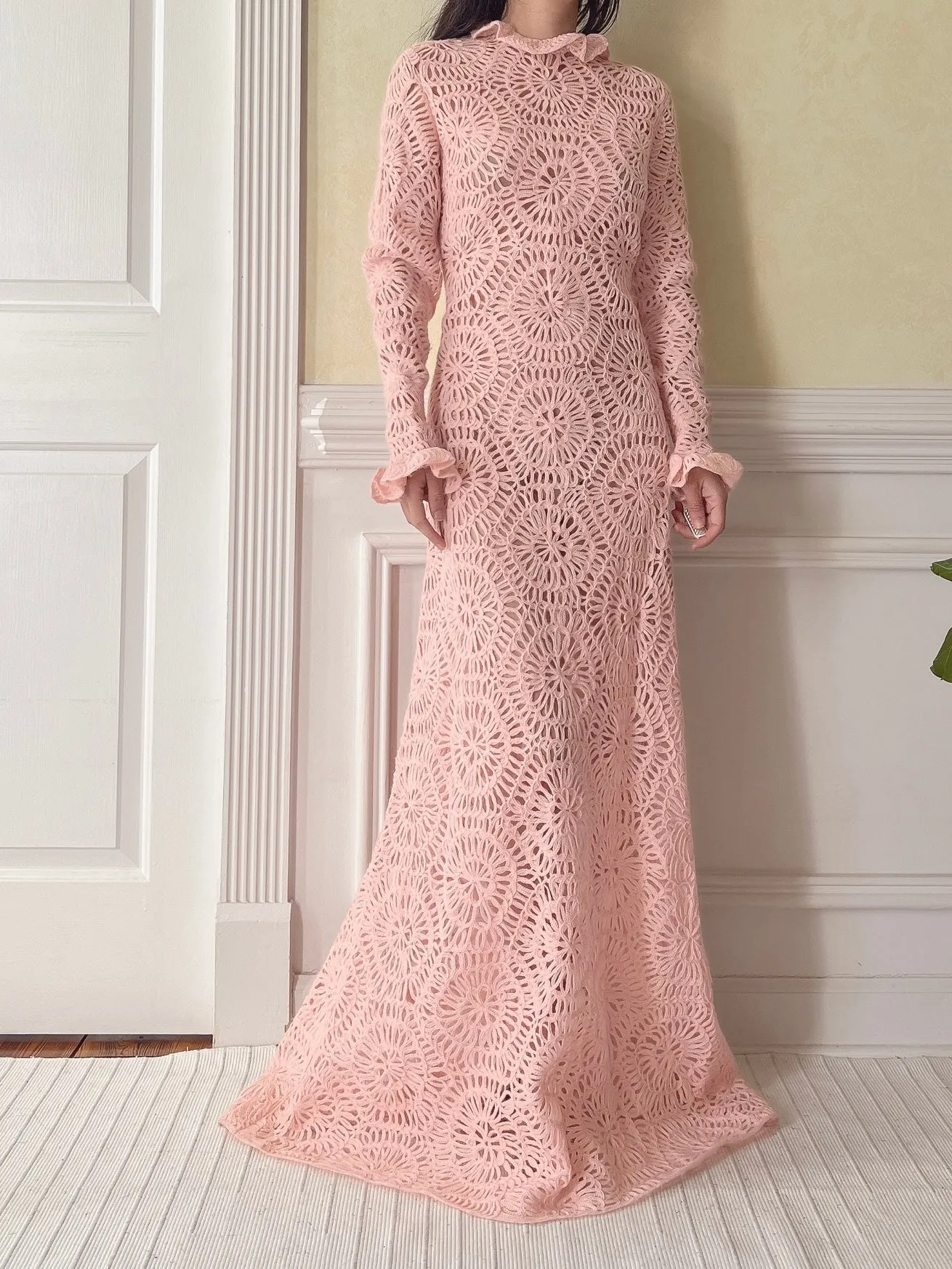 Vintage Pink Crochet Gown - M