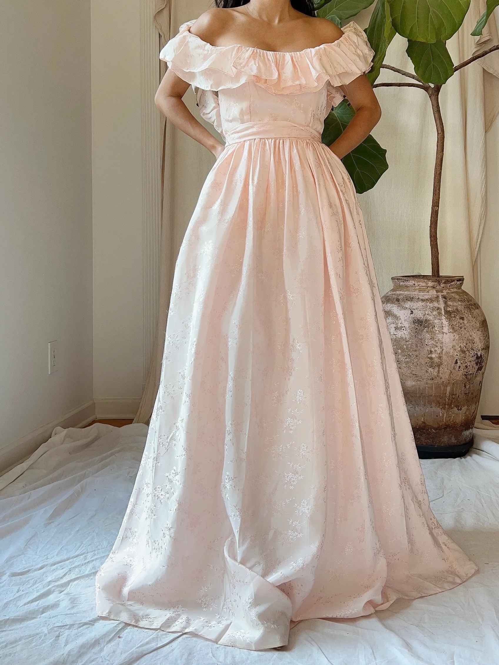 Vintage Pink Tafetta Off-the-Shoulder Dress - XS